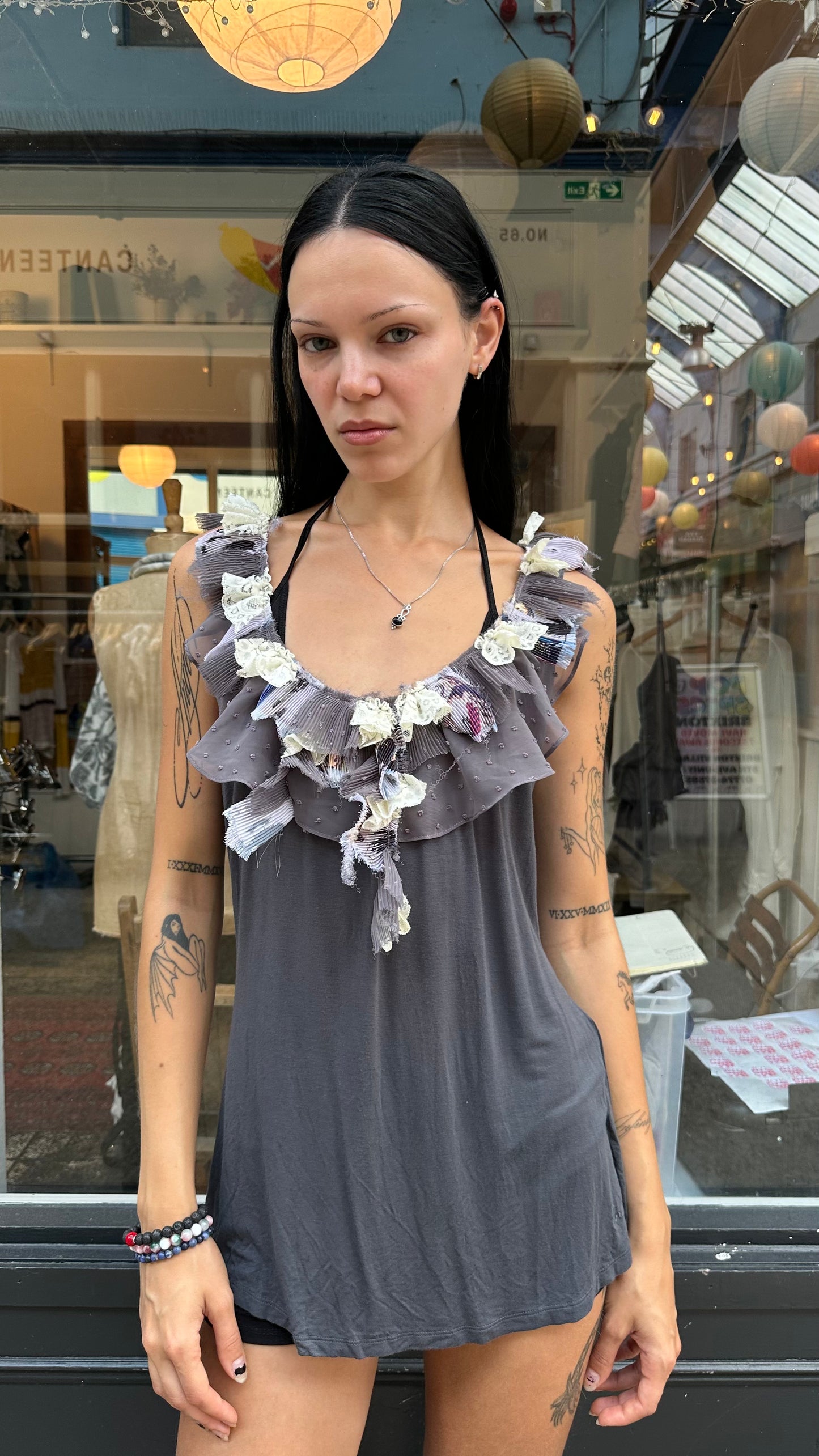 Fornarina grey ruffle neckline top