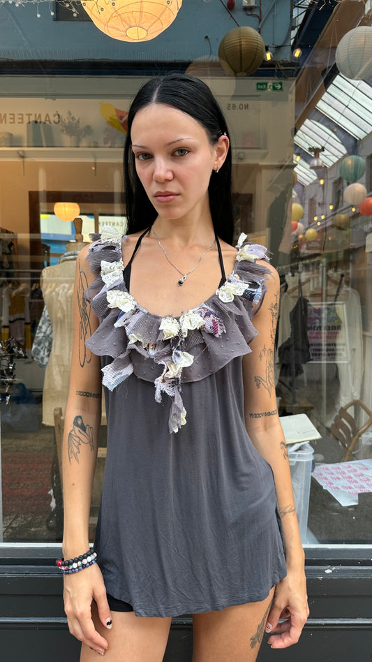 Fornarina grey ruffle neckline top