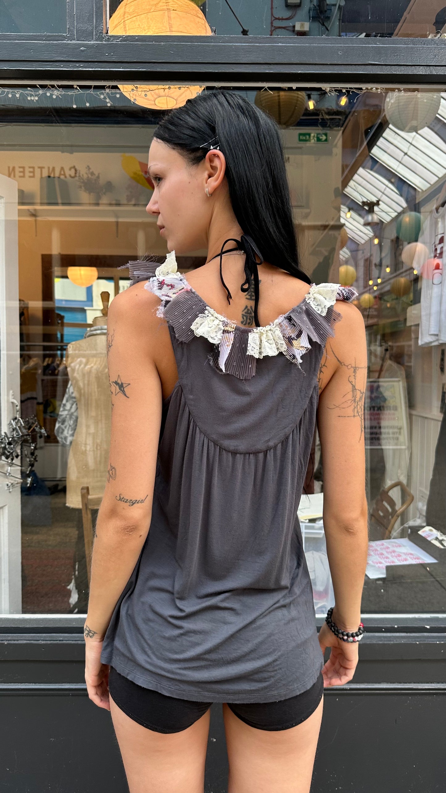 Fornarina grey ruffle neckline top