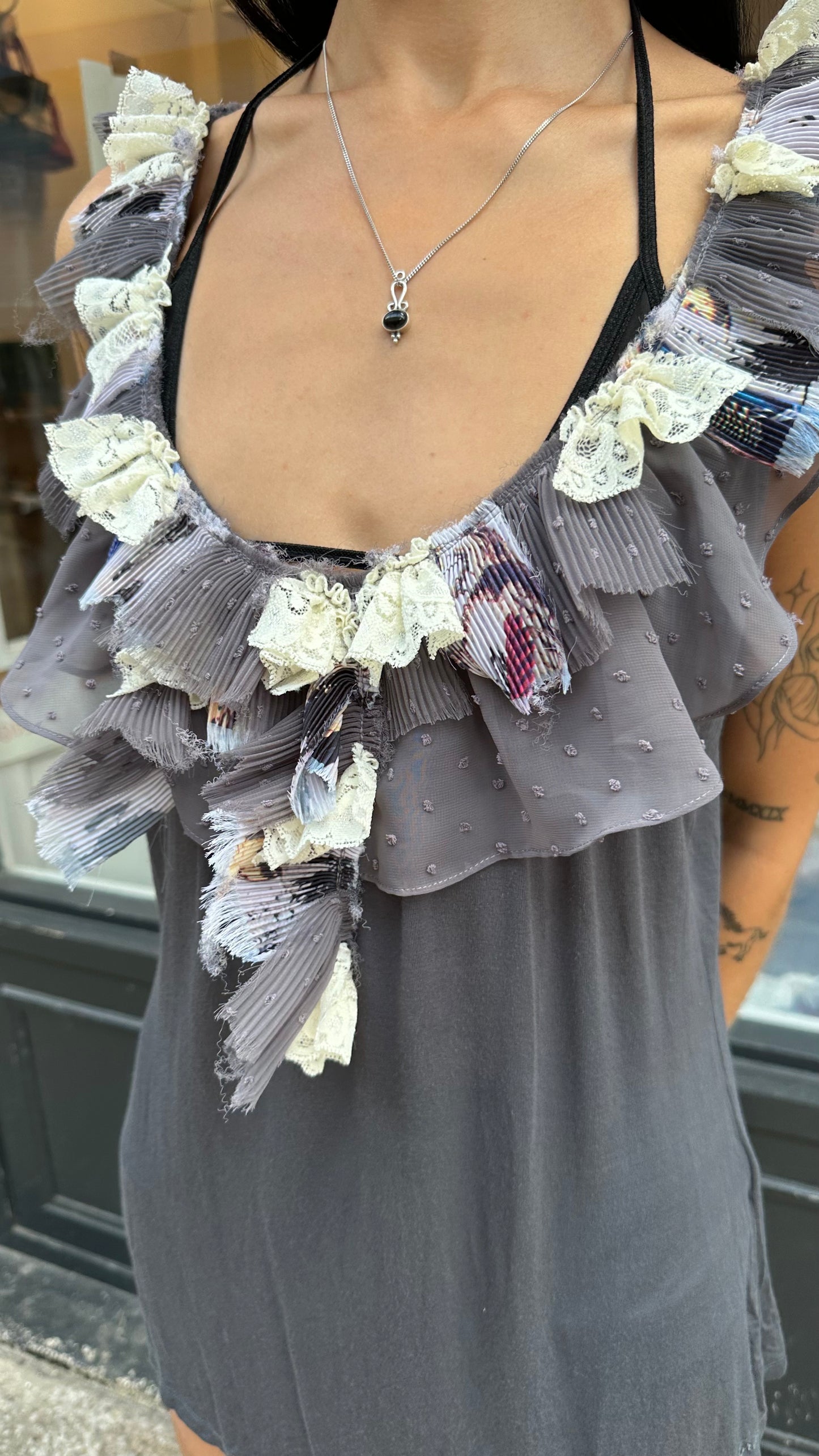 Fornarina grey ruffle neckline top