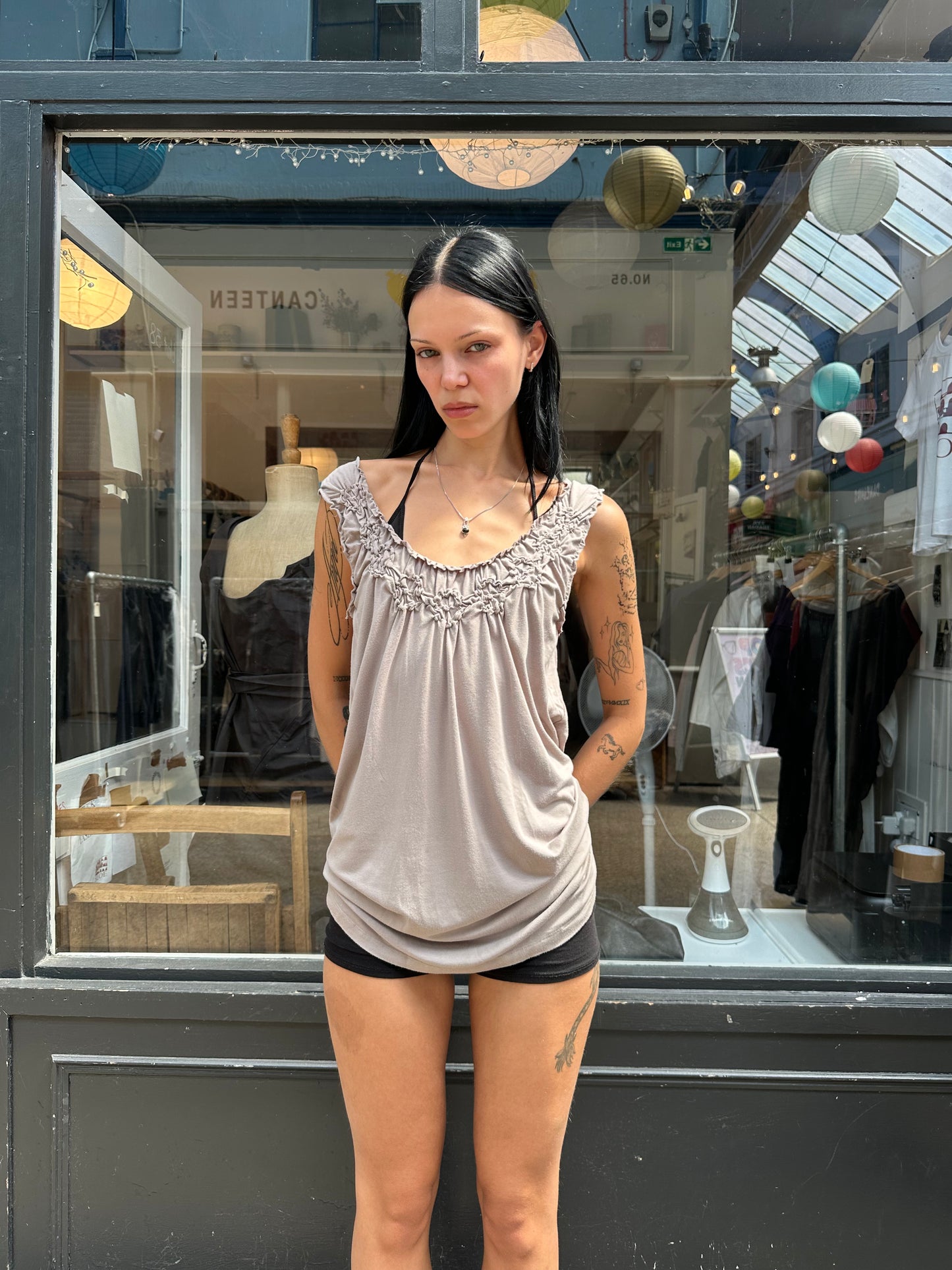 Grey mini dress with ruching on neckline