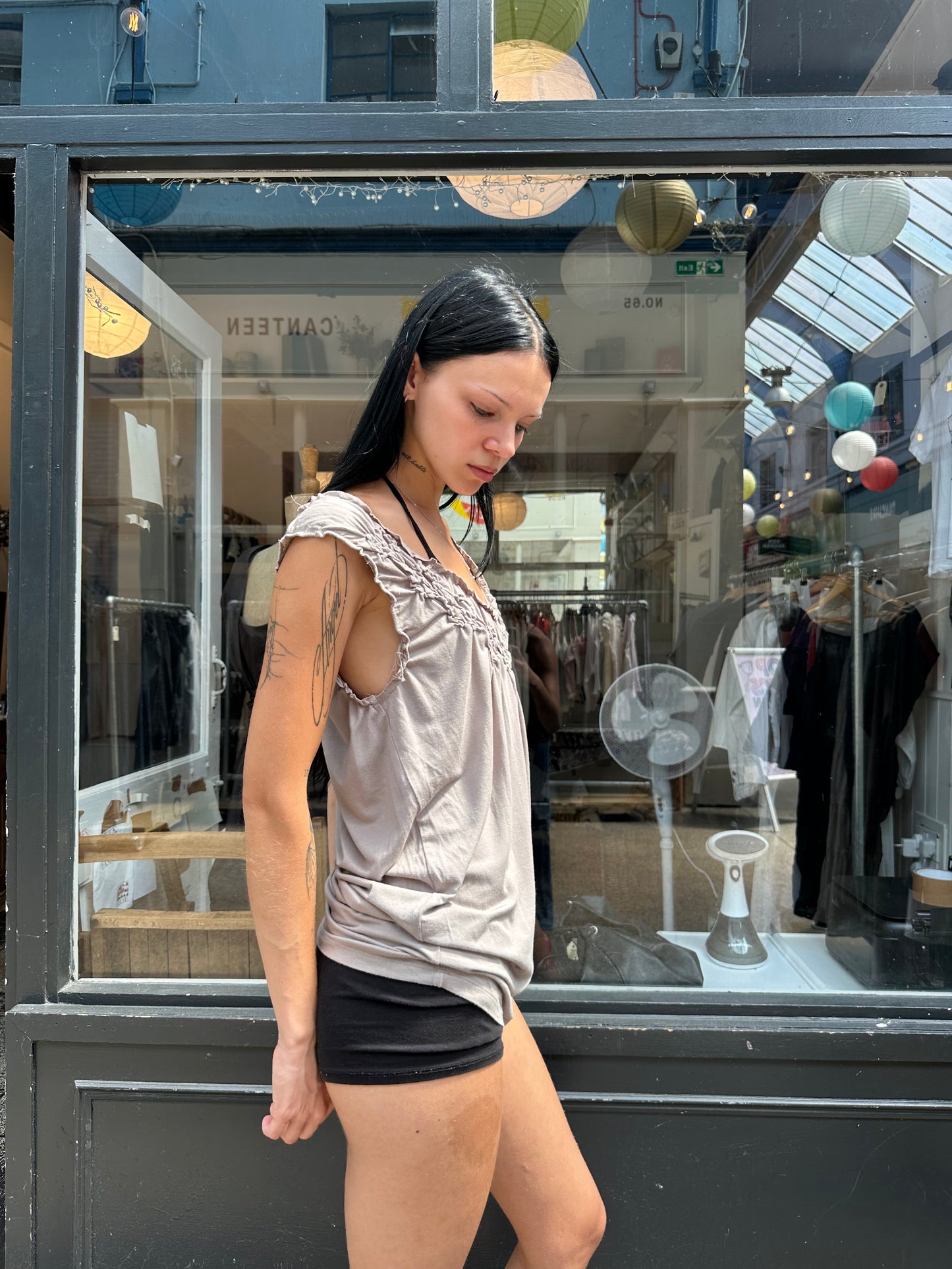 Grey mini dress with ruching on neckline