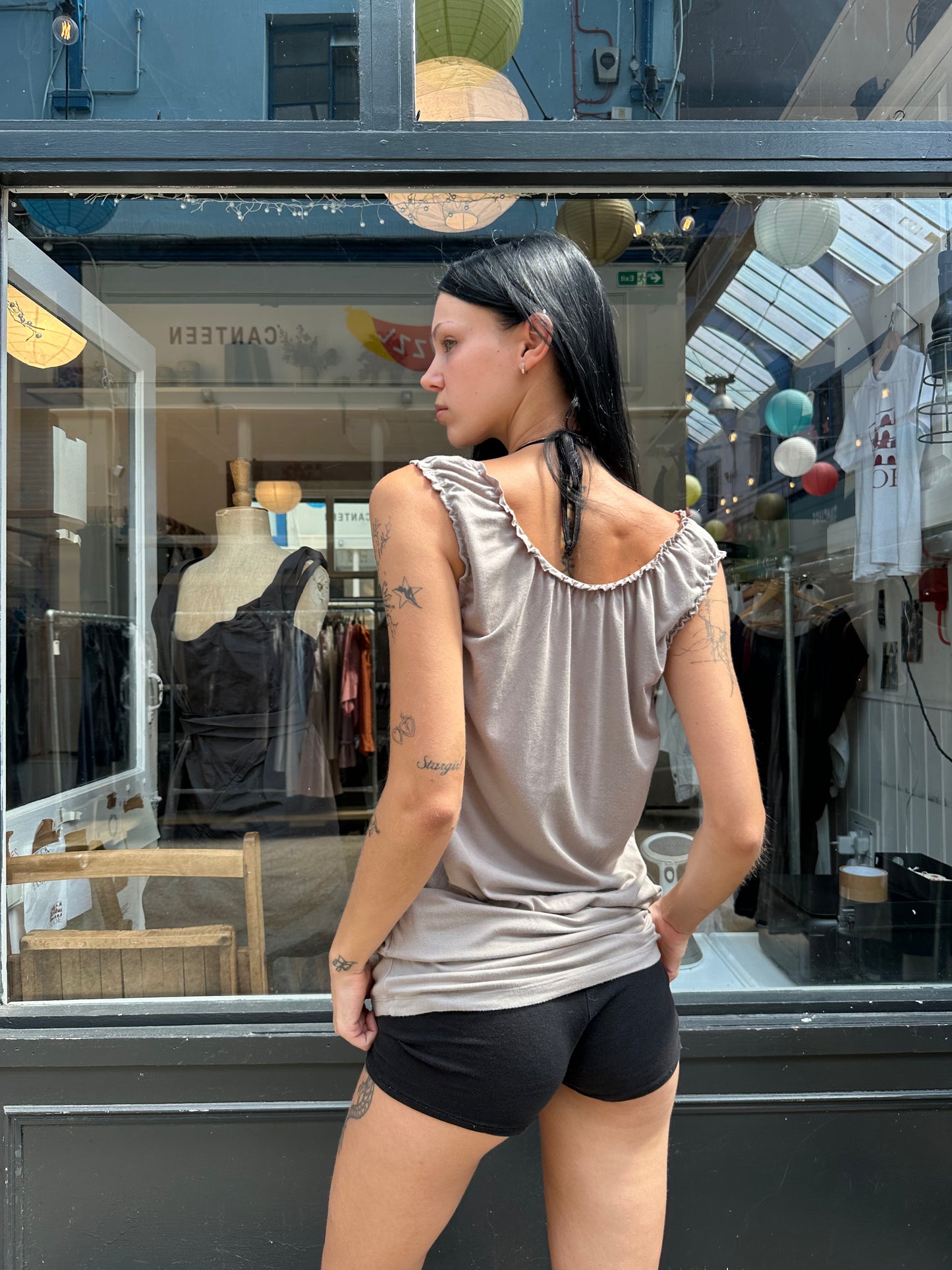 Grey mini dress with ruching on neckline