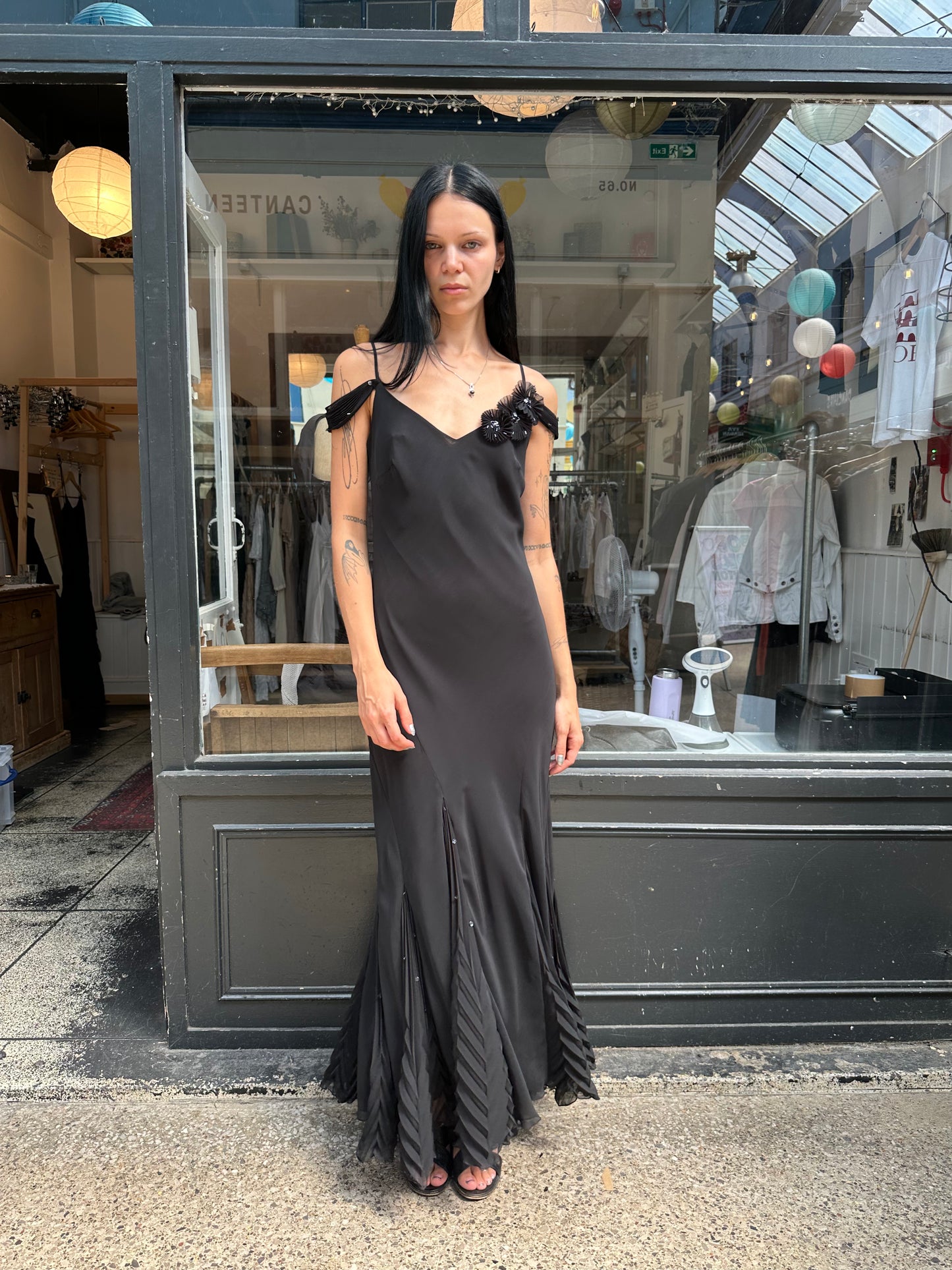 Black maxi dress with rosettes