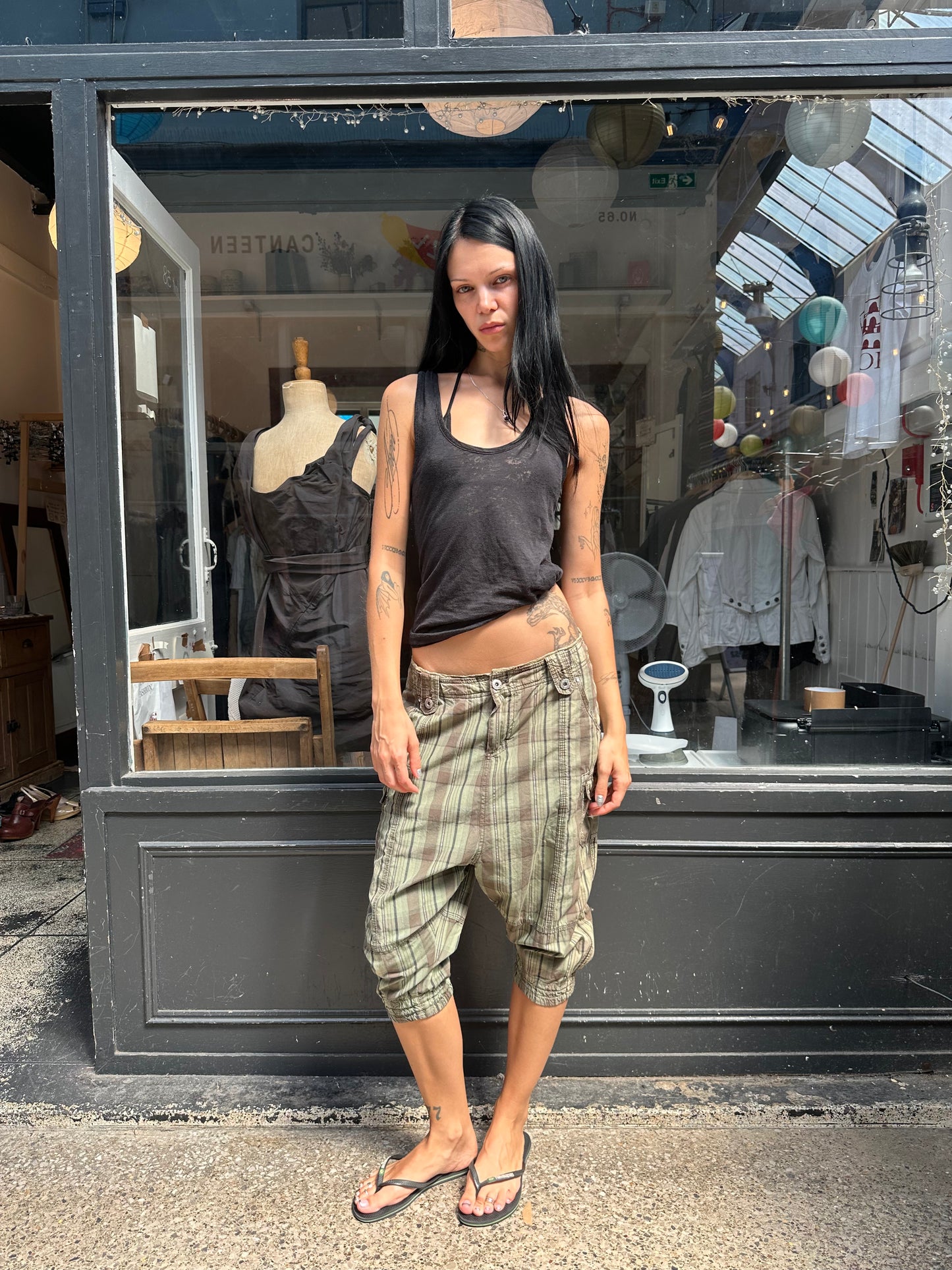 Green drop crotch shorts
