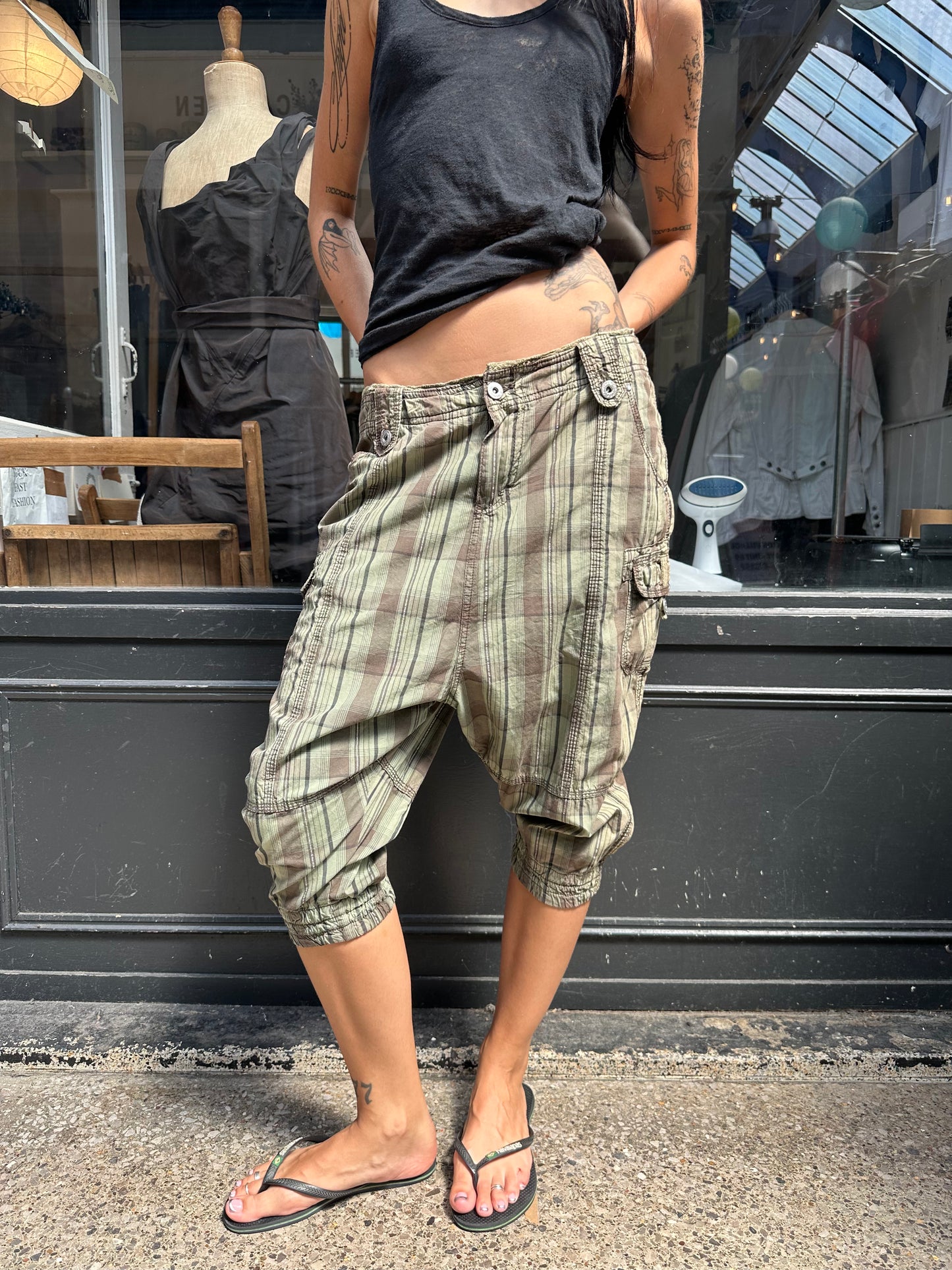 Green drop crotch shorts