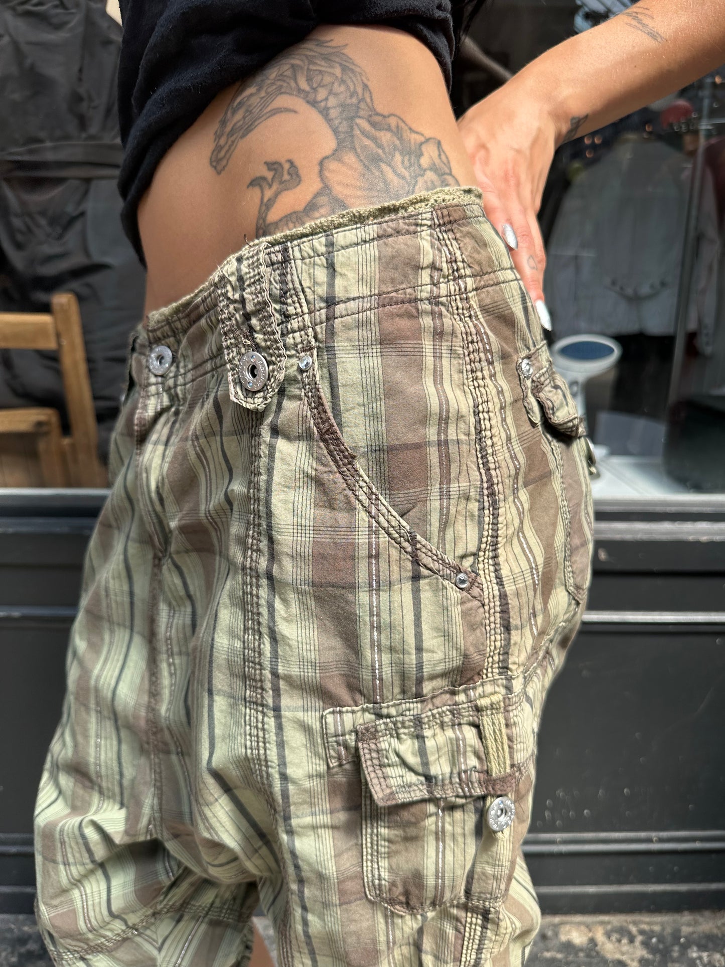 Green drop crotch shorts