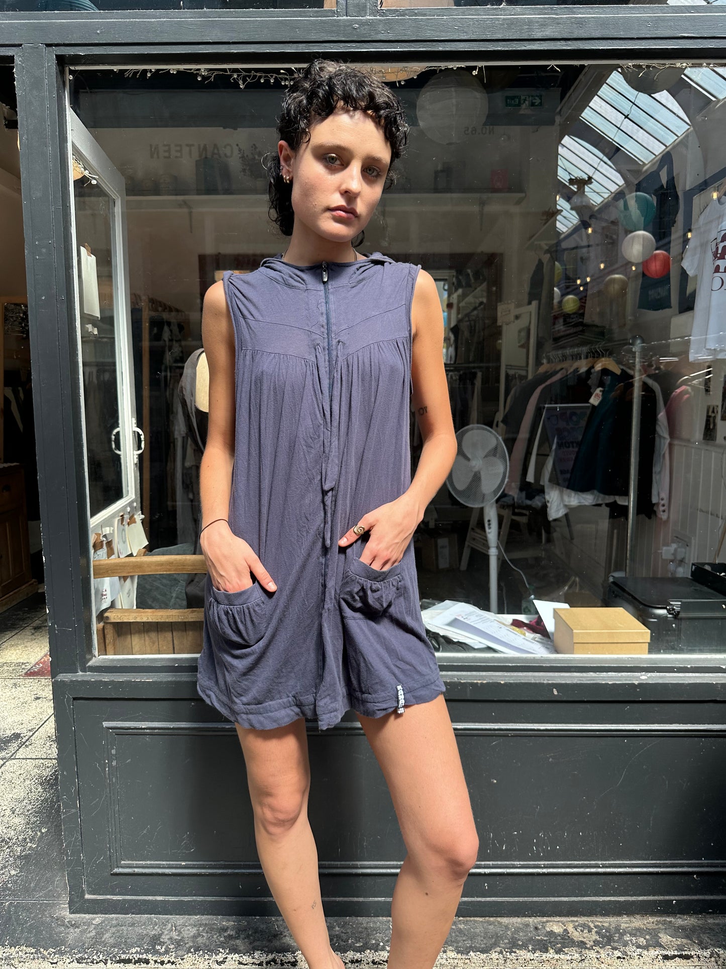 Blue cotton mini dress with hood