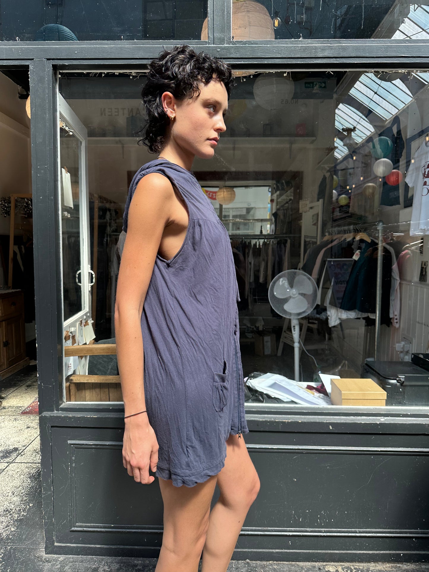 Blue cotton mini dress with hood