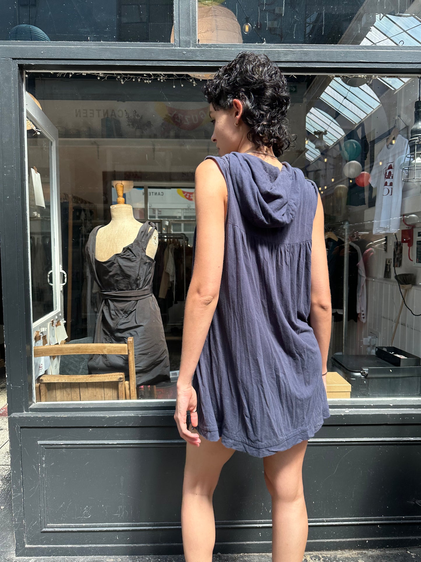 Blue cotton mini dress with hood