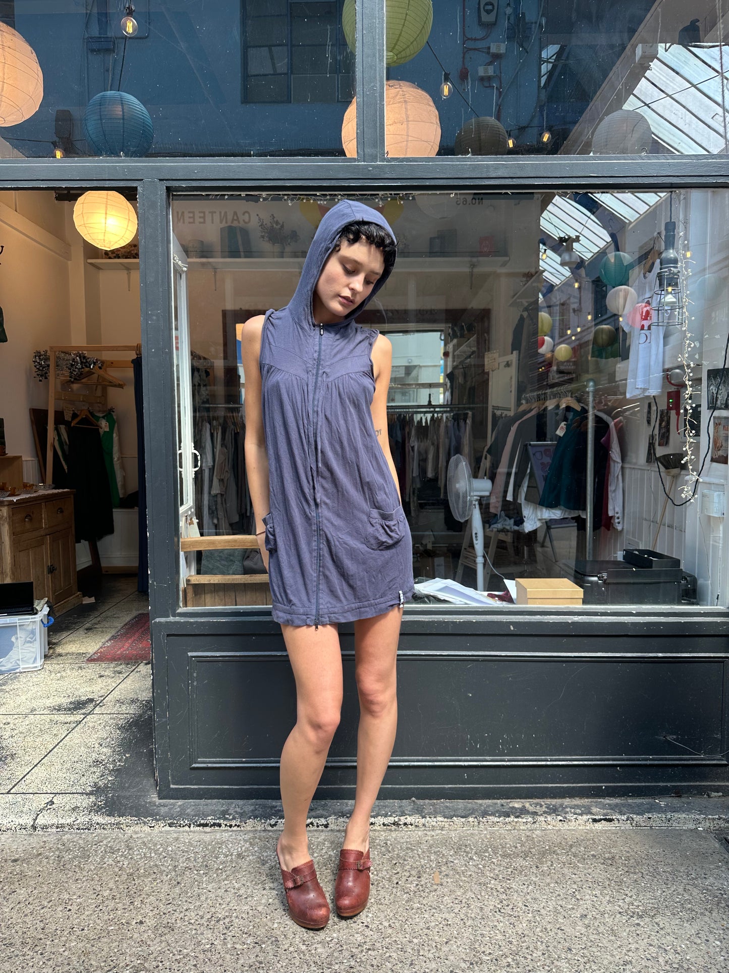 Blue cotton mini dress with hood