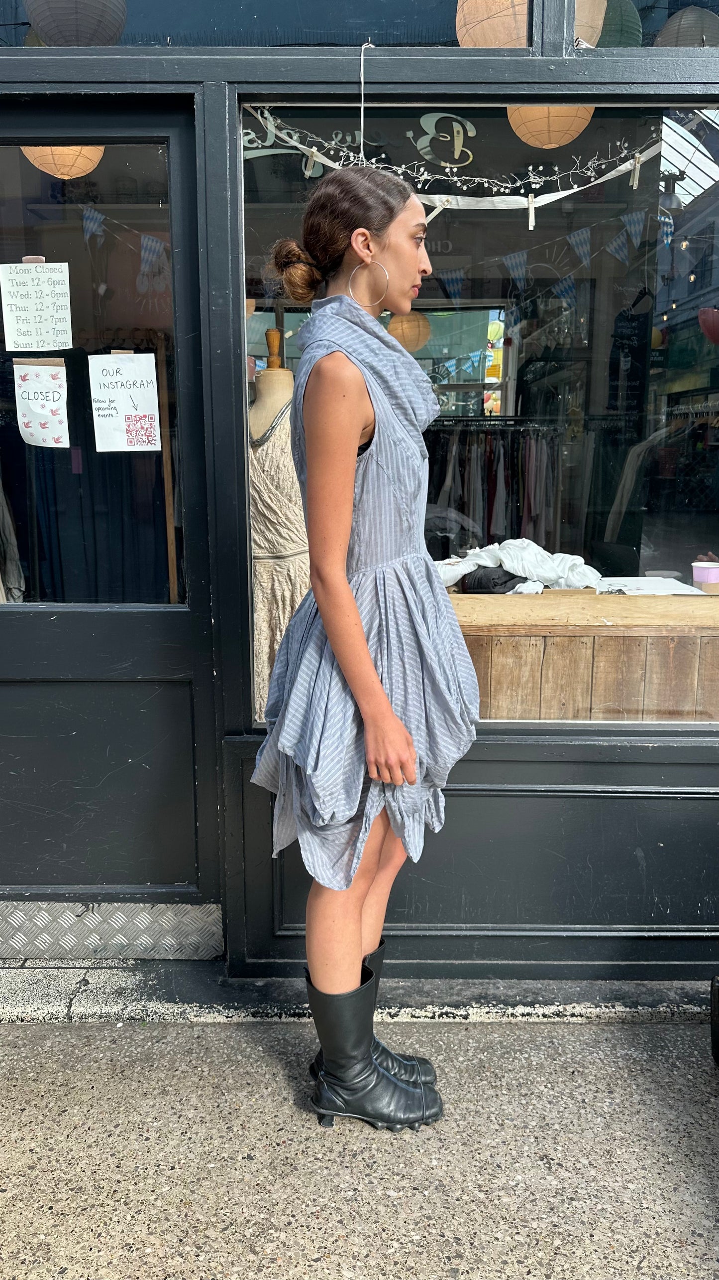 Cowl neck dress with gathered skirt