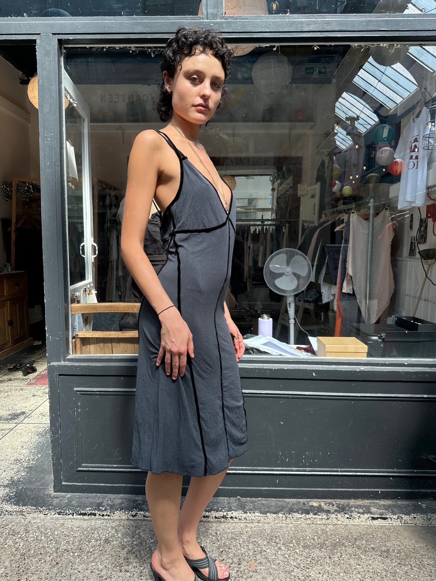 Black cotton dress with velvet details