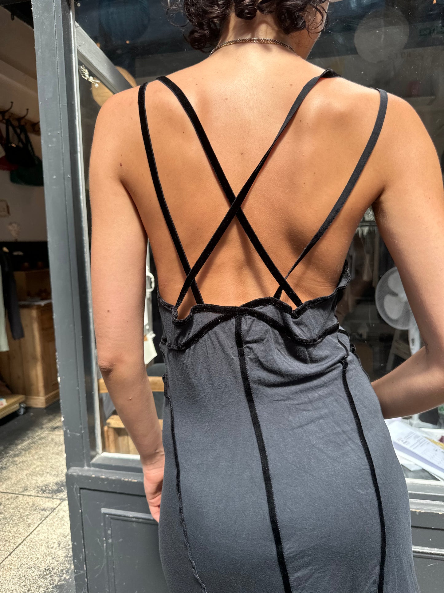 Black cotton dress with velvet details