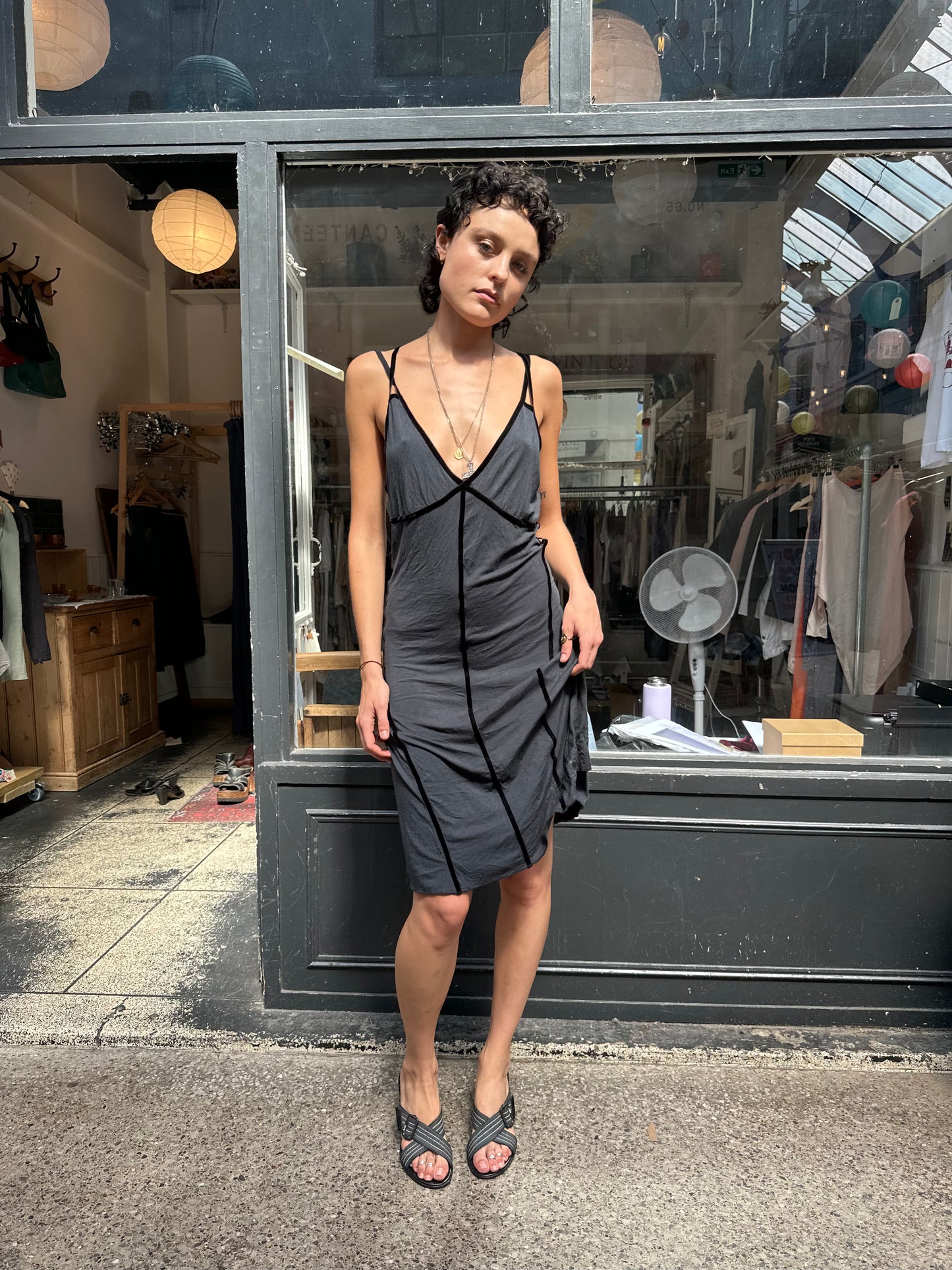 Black cotton dress with velvet details