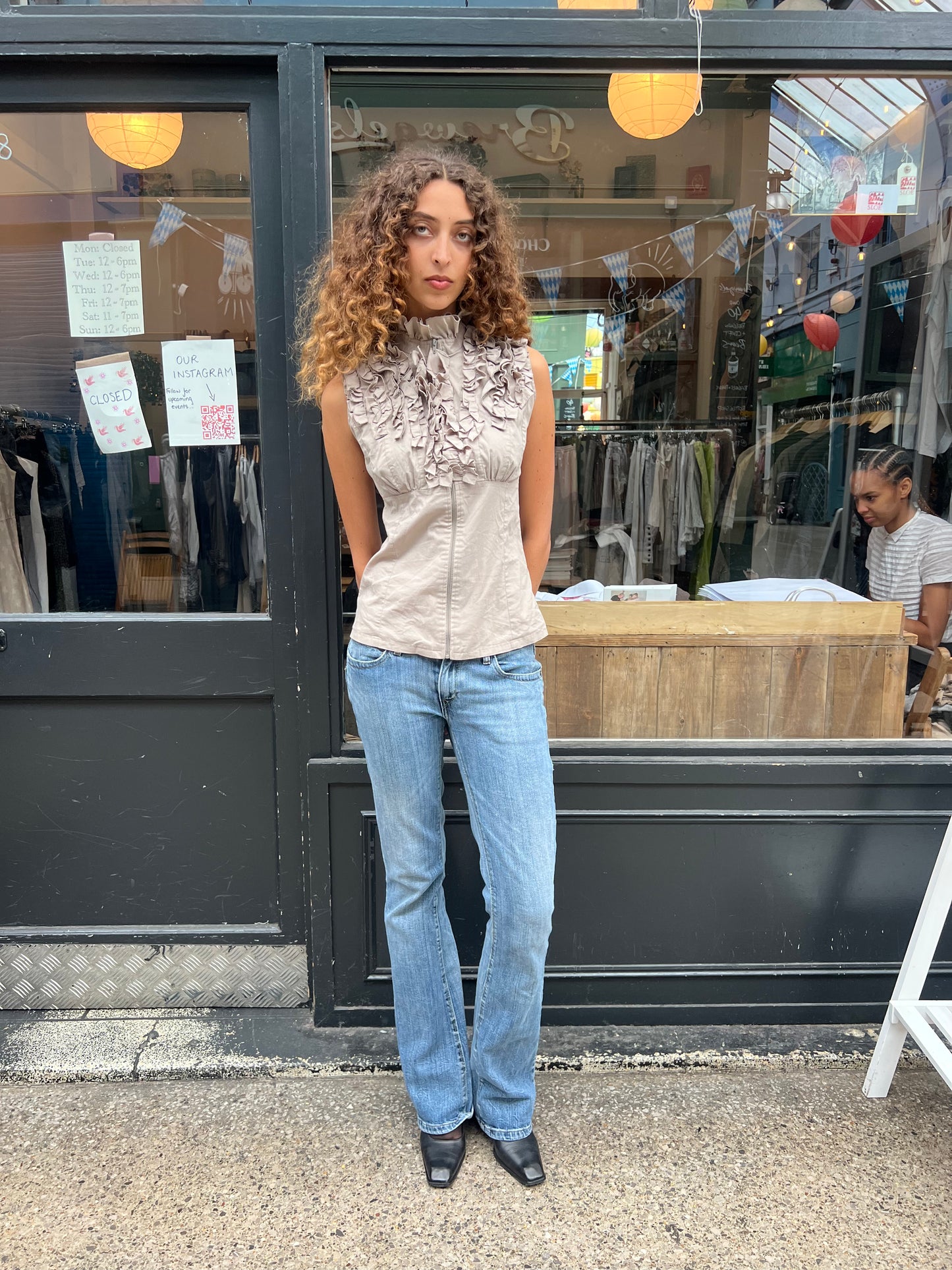 Light brown grey ruffle zip blouse