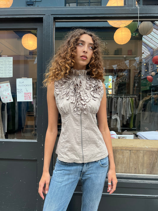 Light brown grey ruffle zip blouse