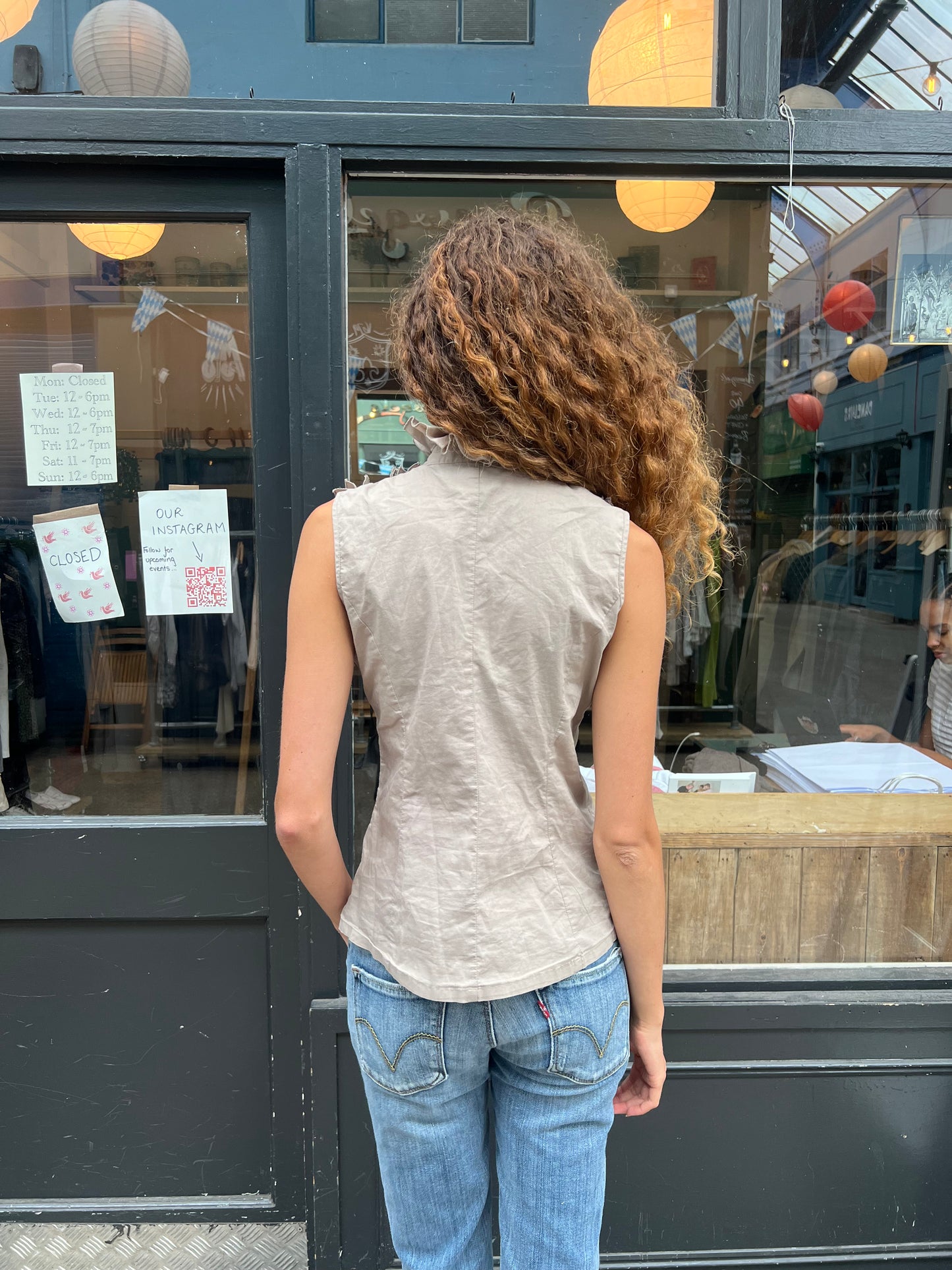 Light brown grey ruffle zip blouse