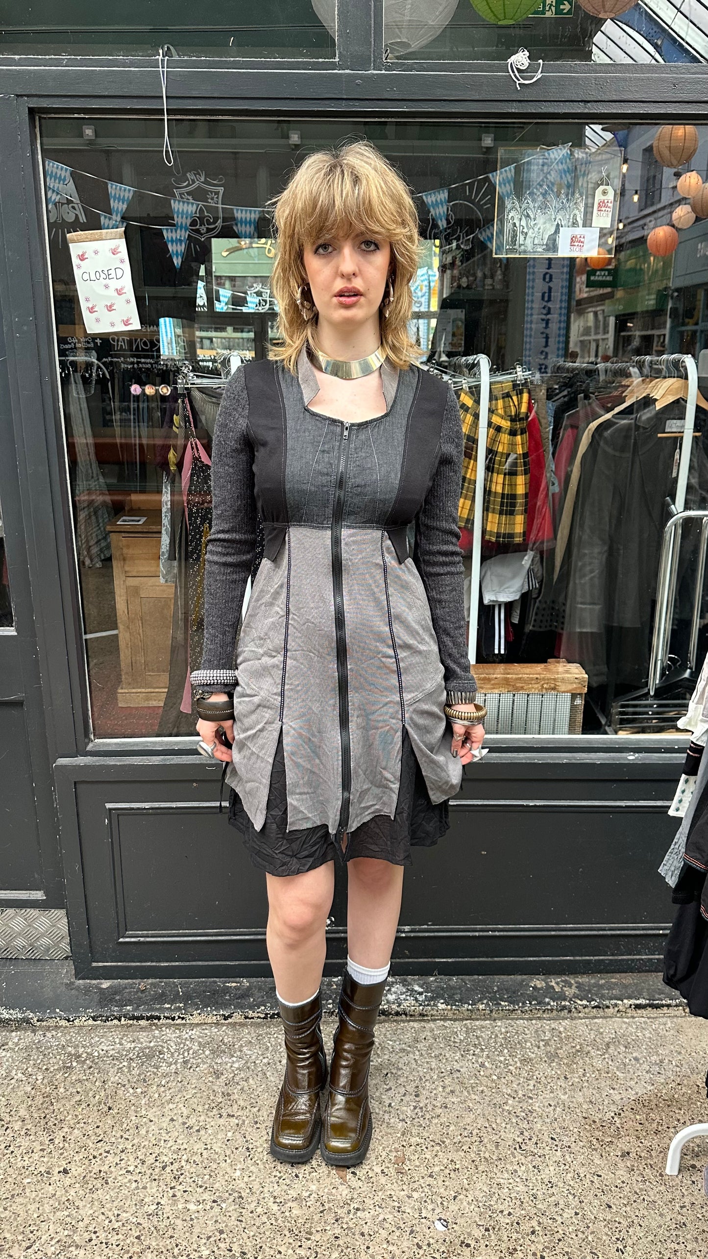 Black and Grey High Collar Dress