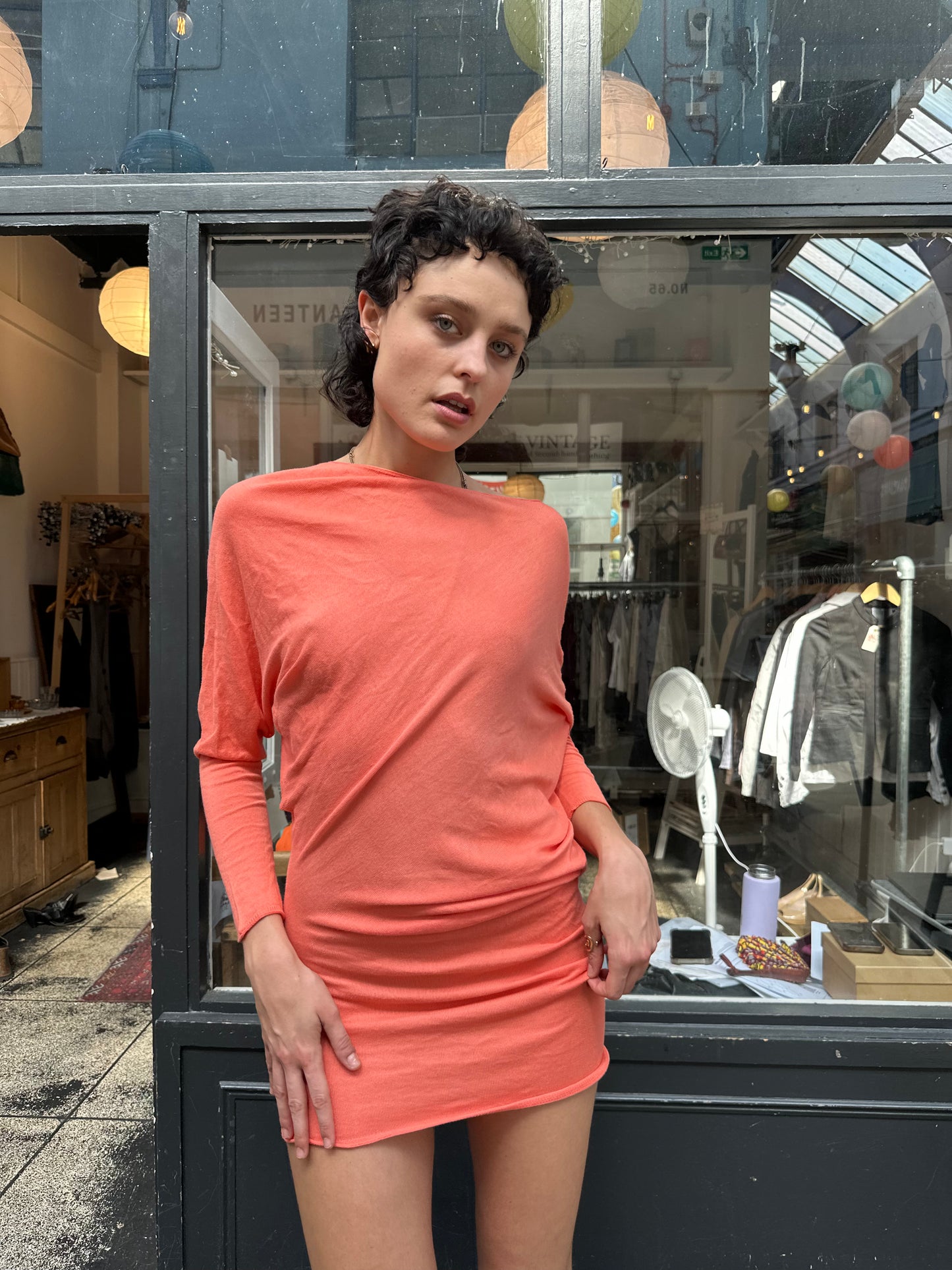 Coral fine knit slouchy mini dress