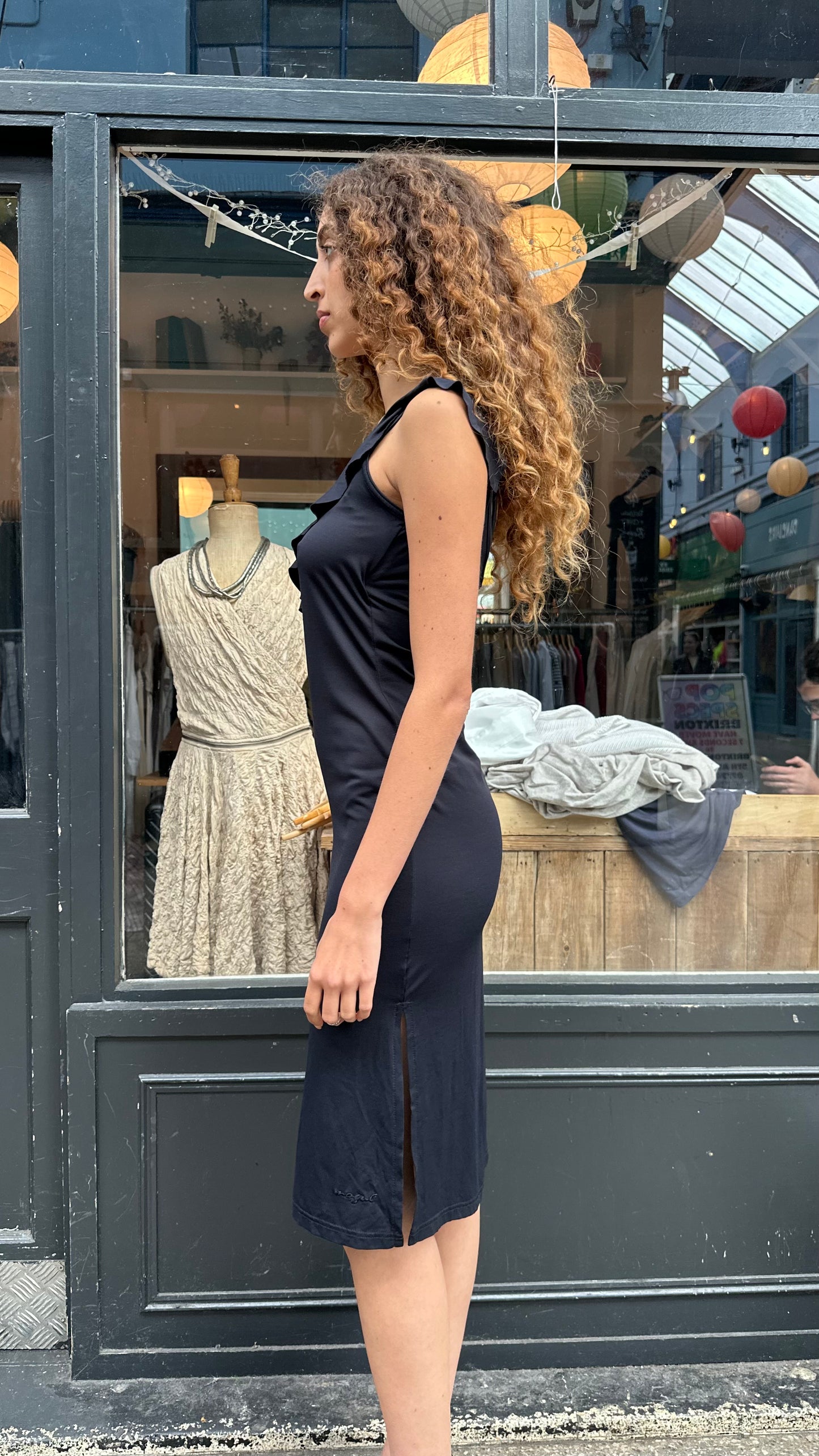 Black midi dress with ruffles