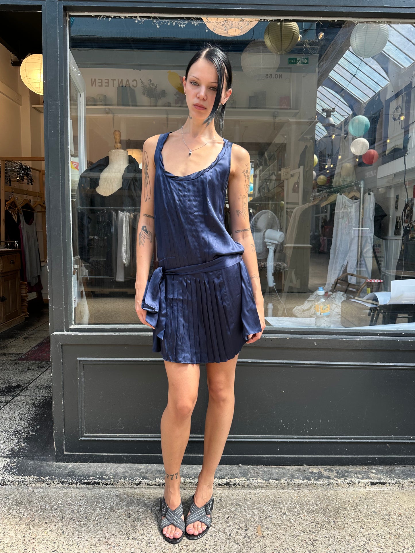 Navy 100% silk drop waist mini dress