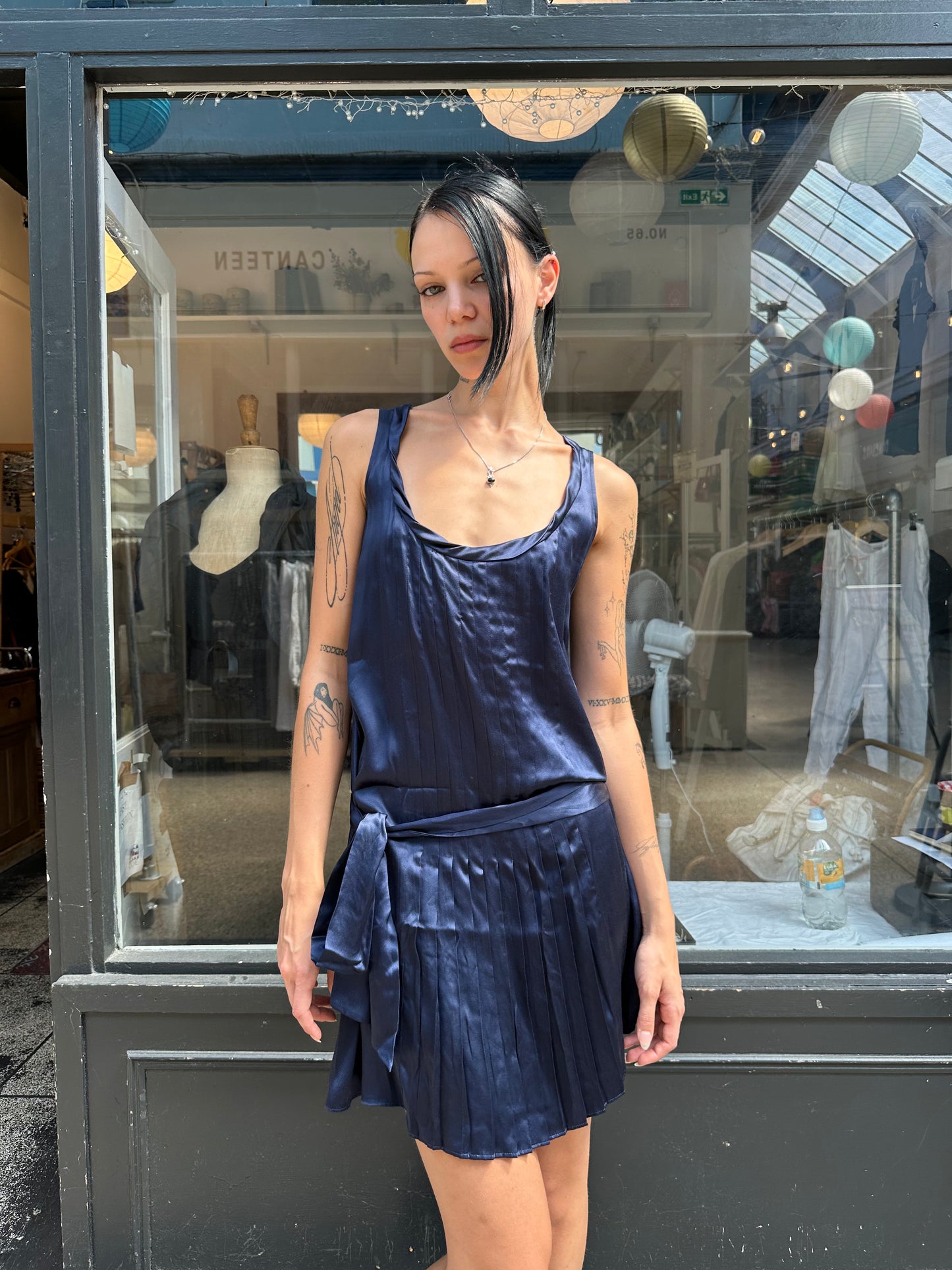 Navy 100% silk drop waist mini dress