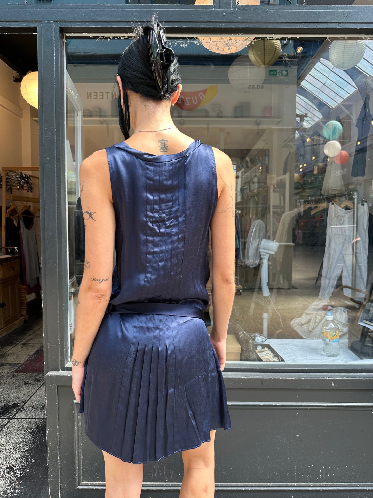 Navy 100% silk drop waist mini dress