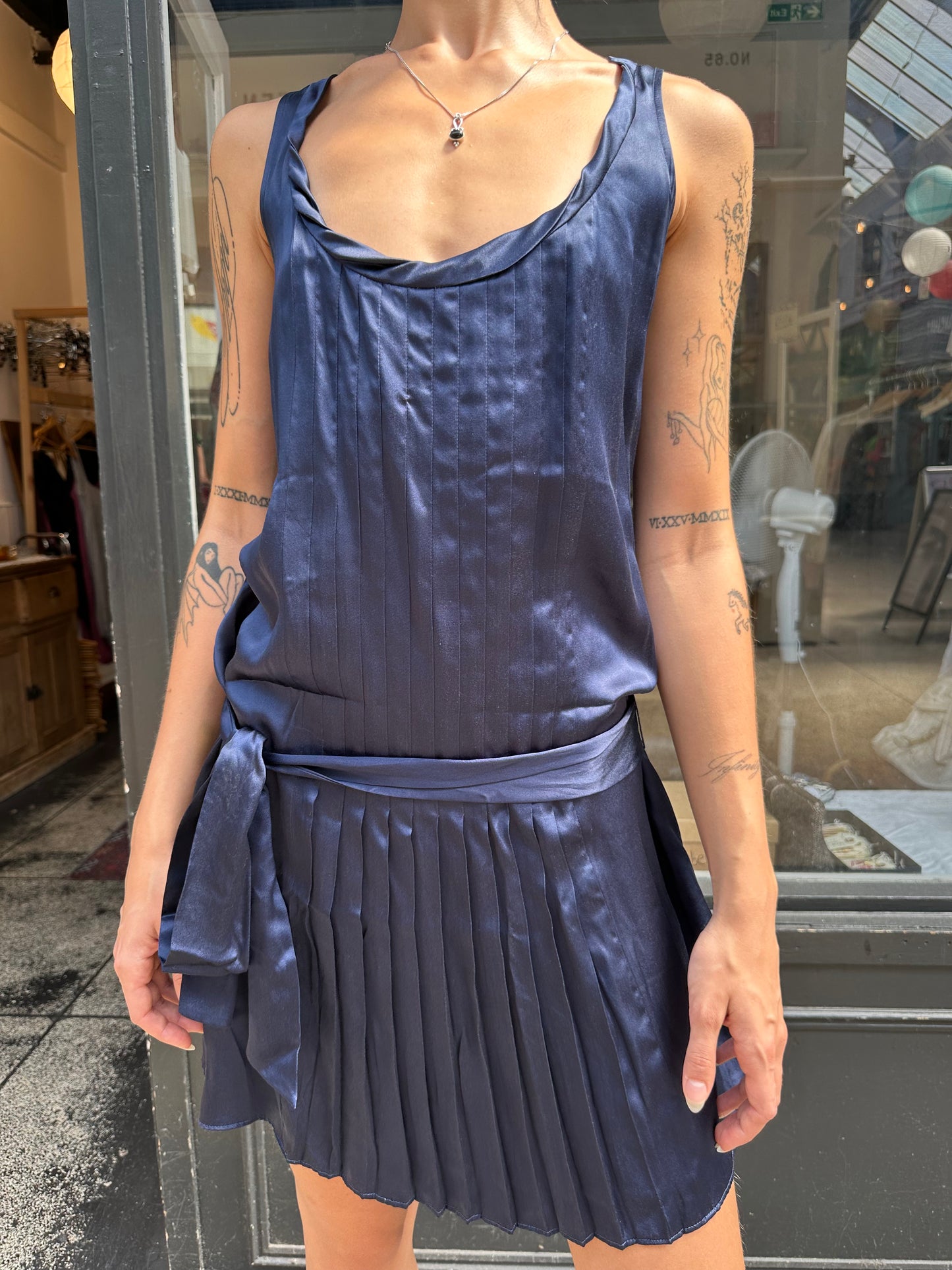Navy 100% silk drop waist mini dress