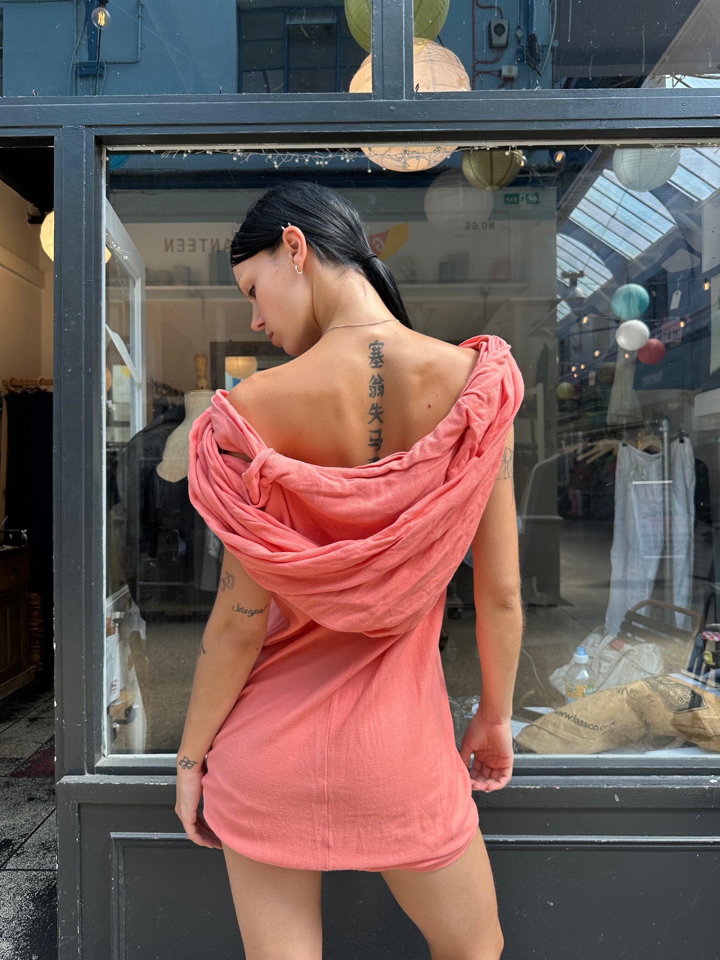 Coral hooded mini dress