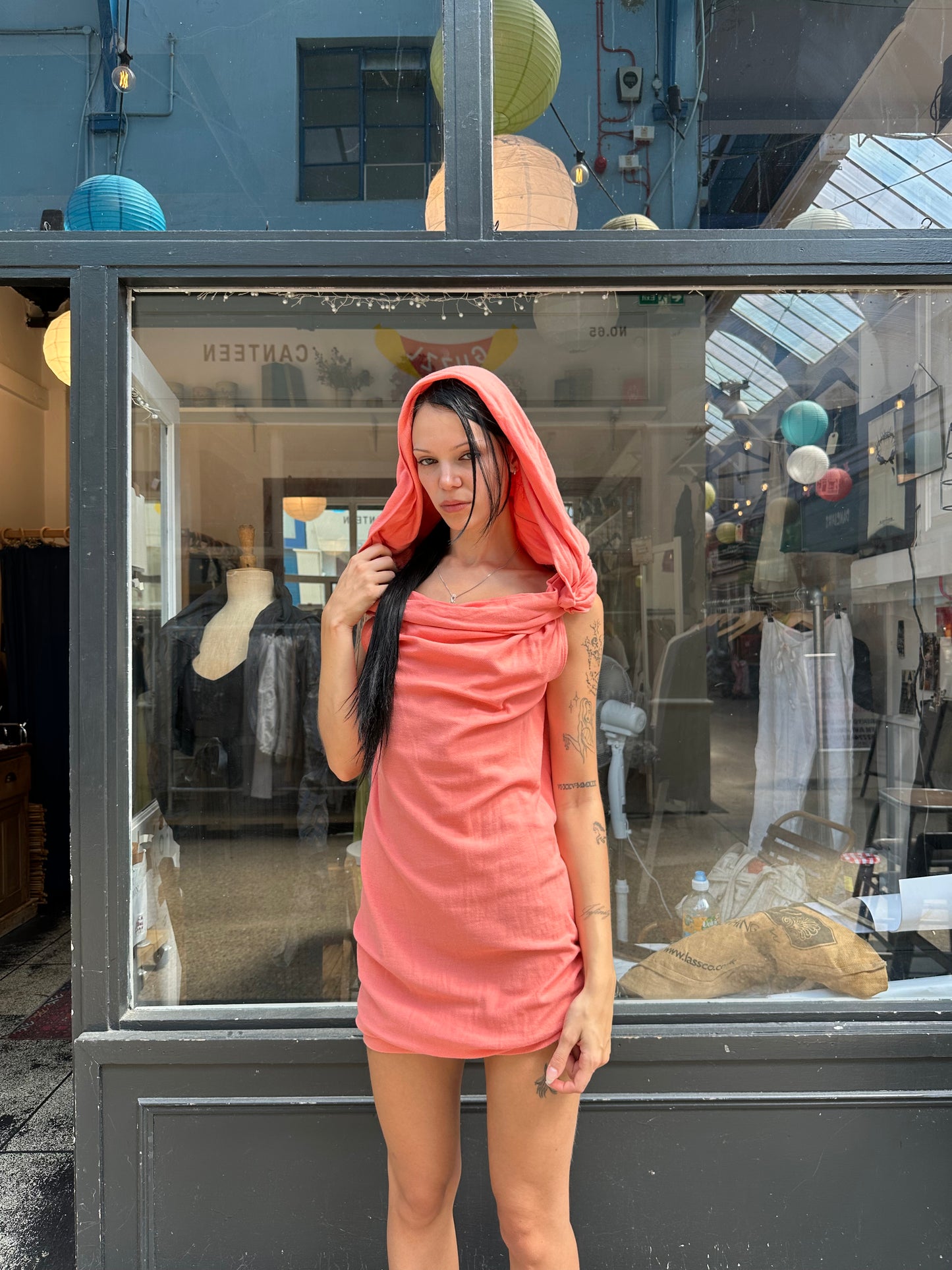 Coral hooded mini dress