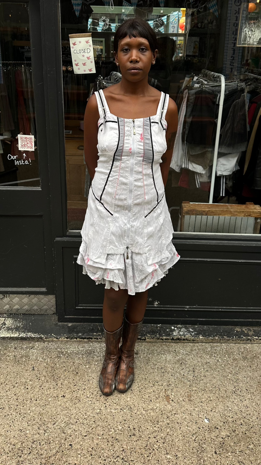 White Sleeveless Dress with Red, Grey and Black Details