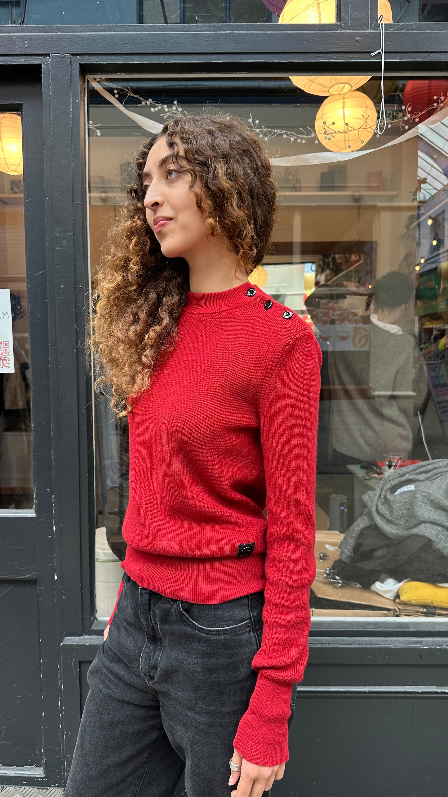 G STAR red asymmetric button jumper