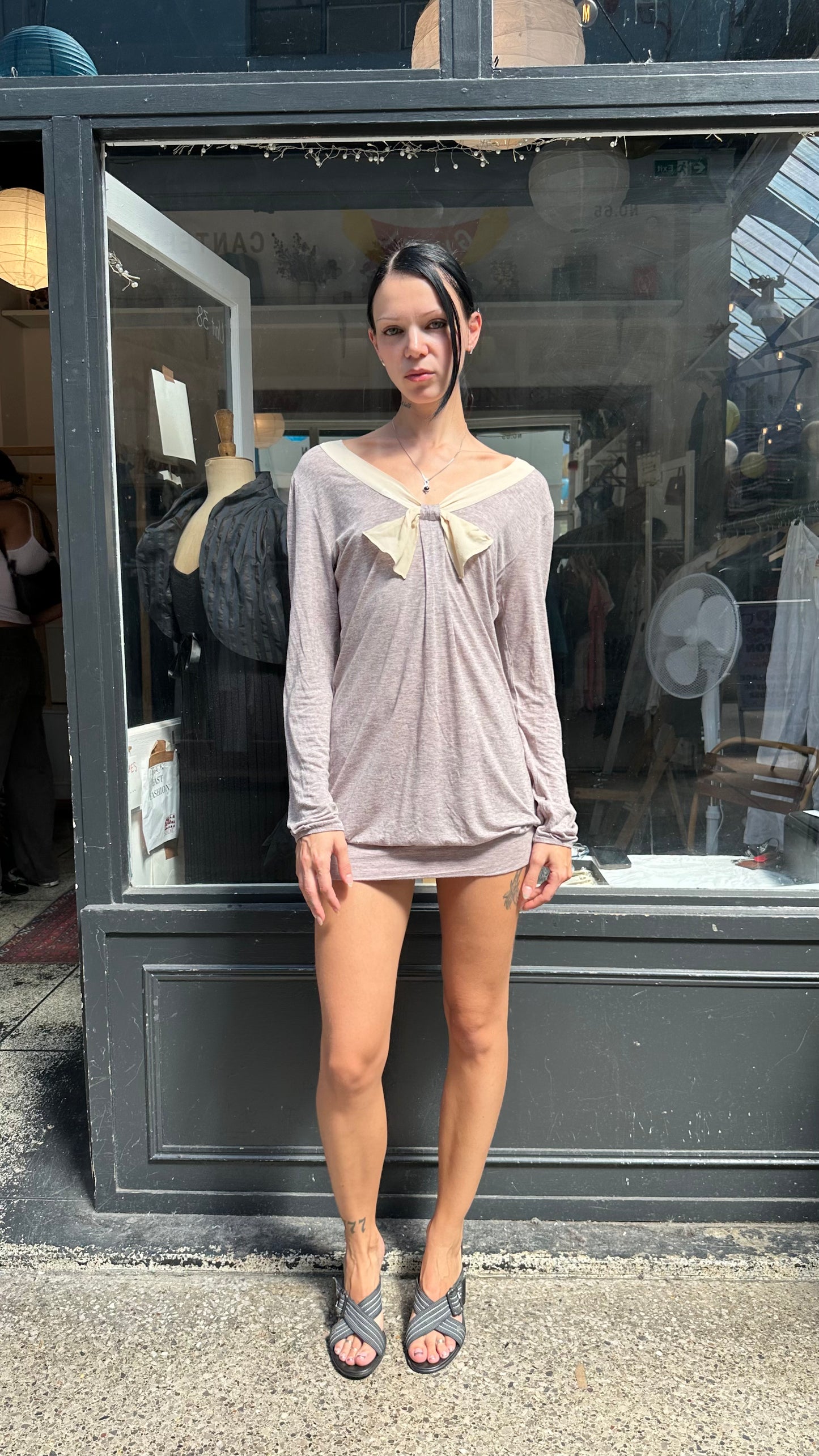 Grey sweater dress with bow
