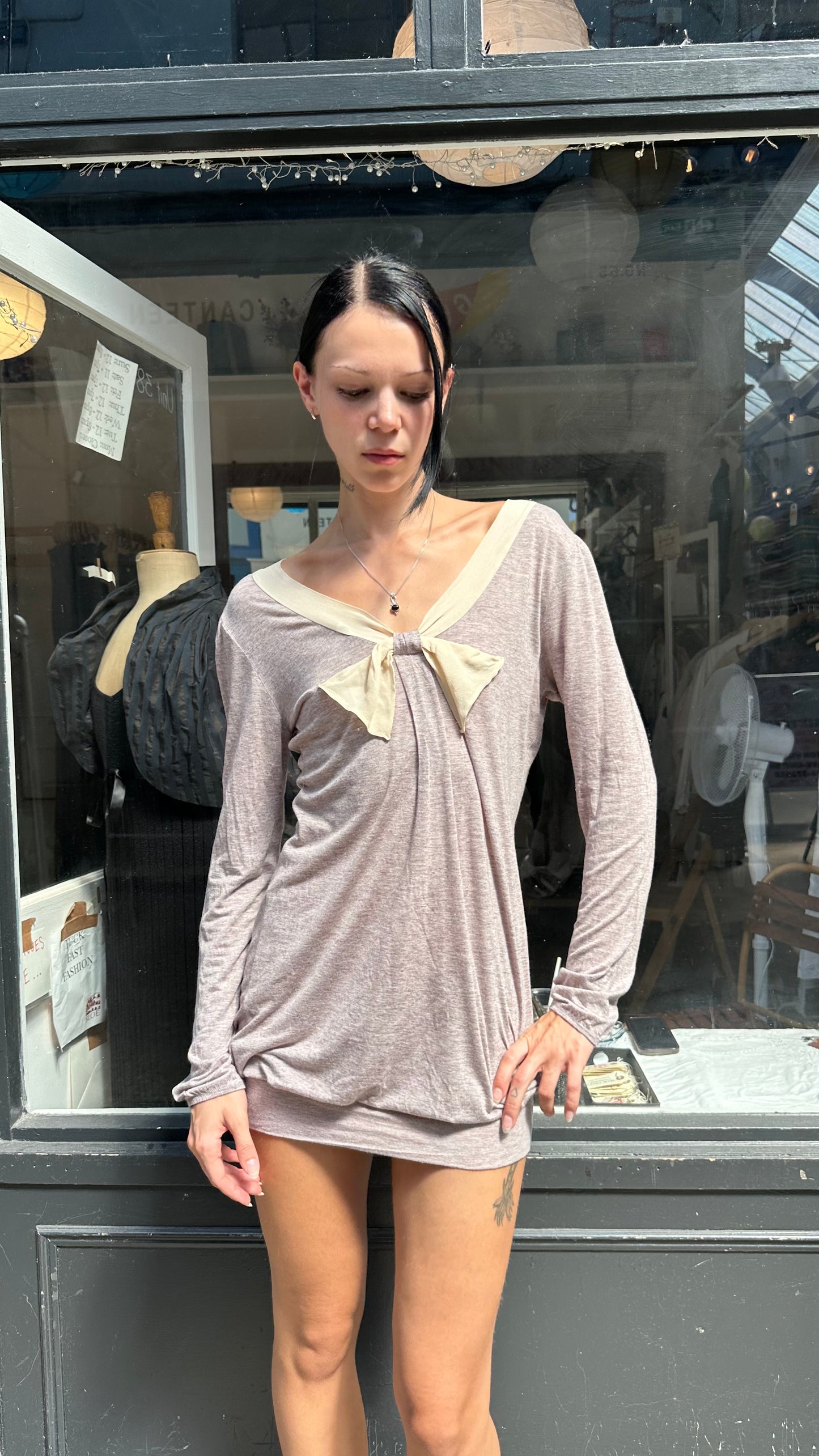 Grey sweater dress with bow