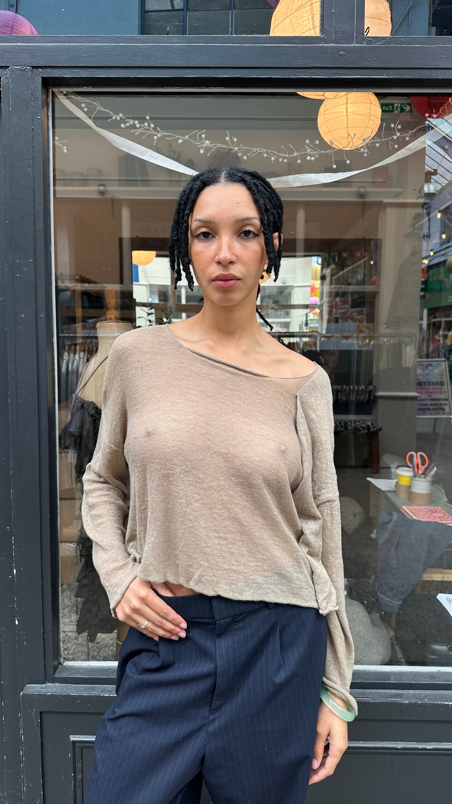 Beige Knitted Asymetrical Double Layer Top