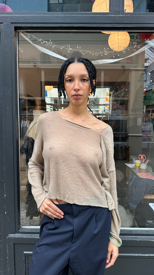 Beige Knitted Asymetrical Double Layer Top