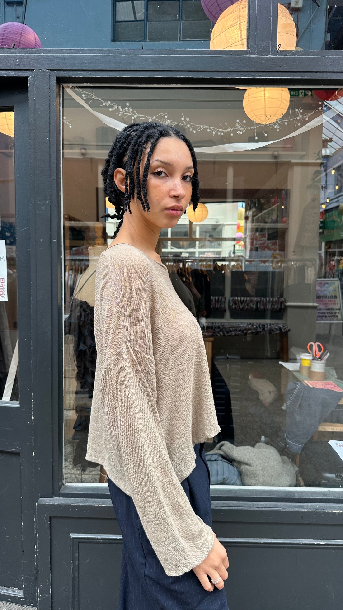 Beige Knitted Asymetrical Double Layer Top