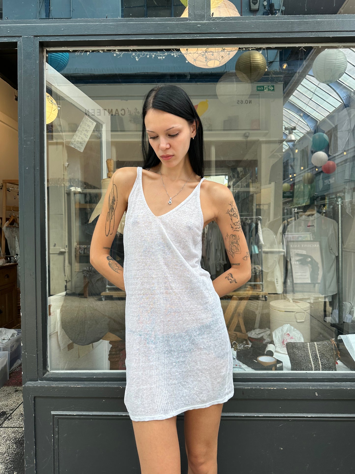 White fine knit linen mini dress