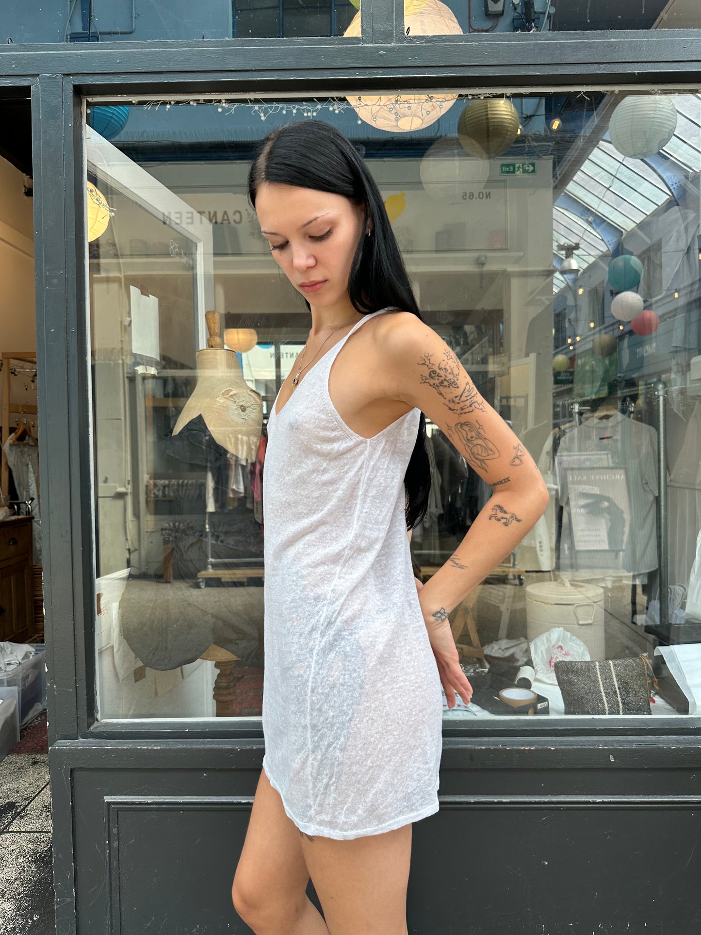 White fine knit linen mini dress