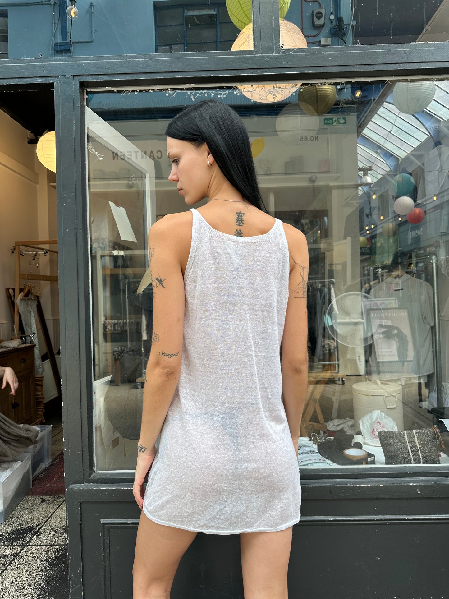 White fine knit linen mini dress