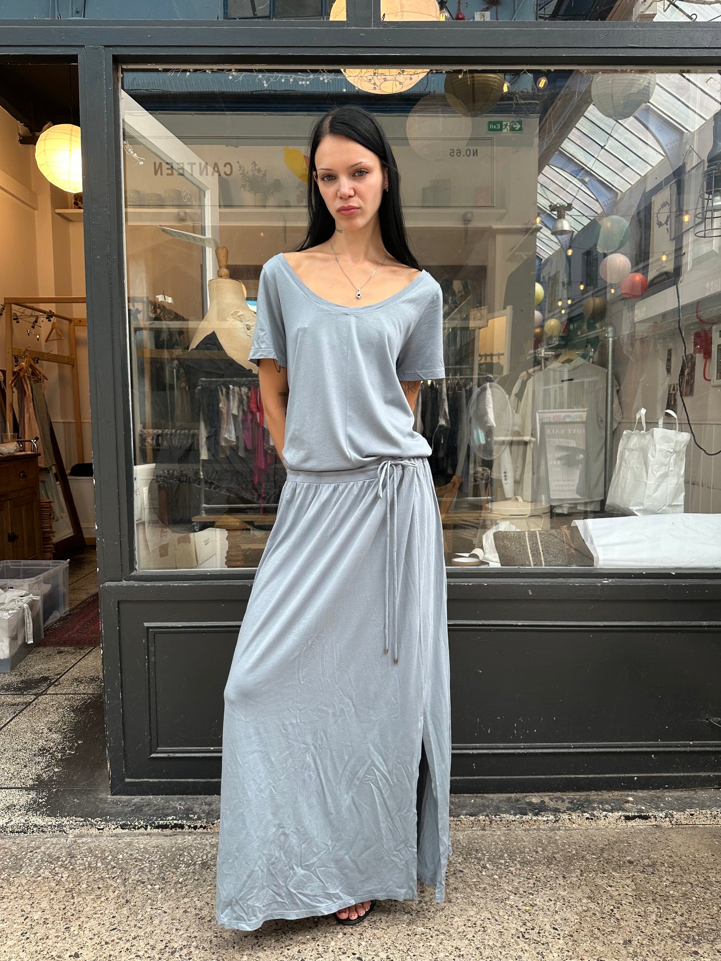 Blue drop waist maxi dress