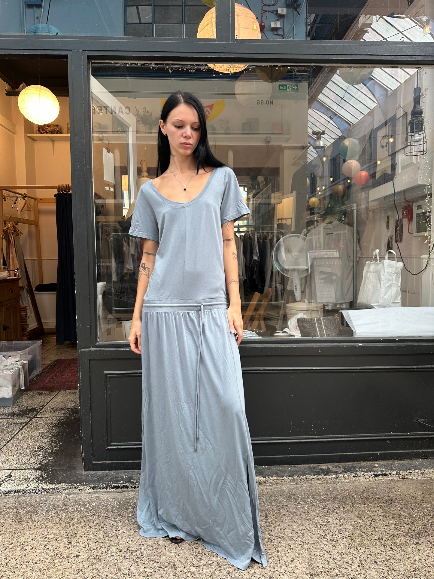 Blue drop waist maxi dress