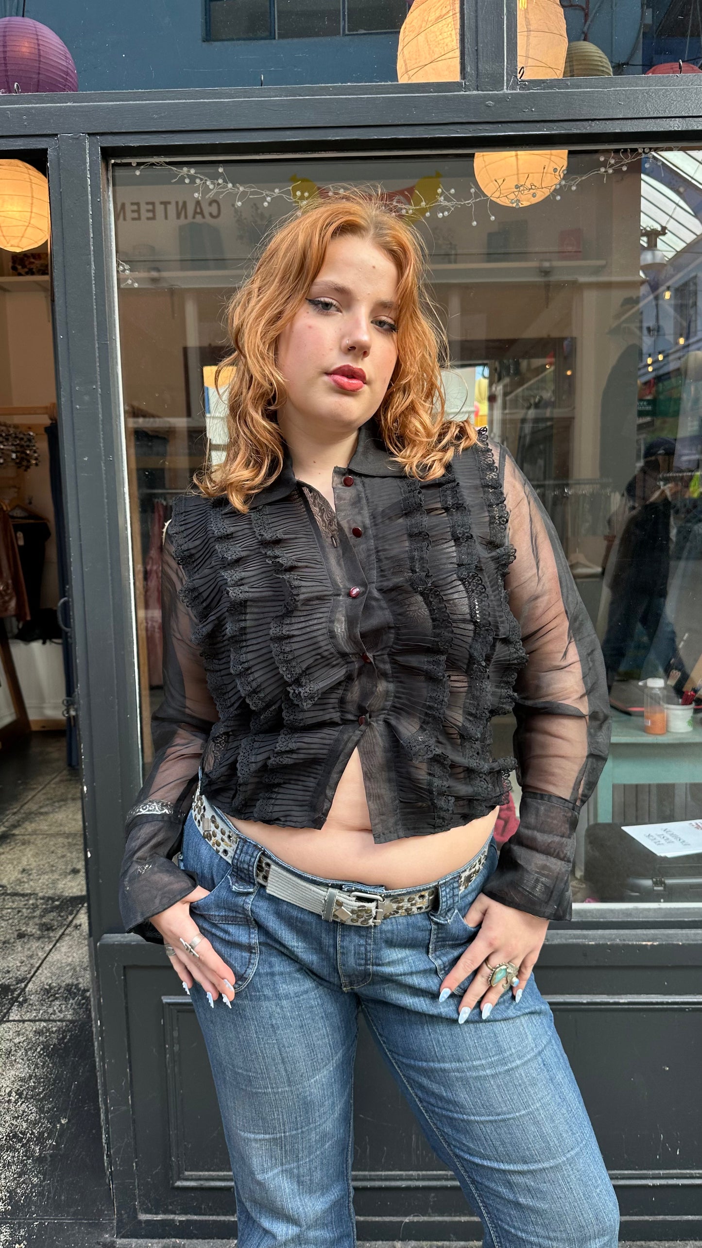 Black sheer ruffle blouse