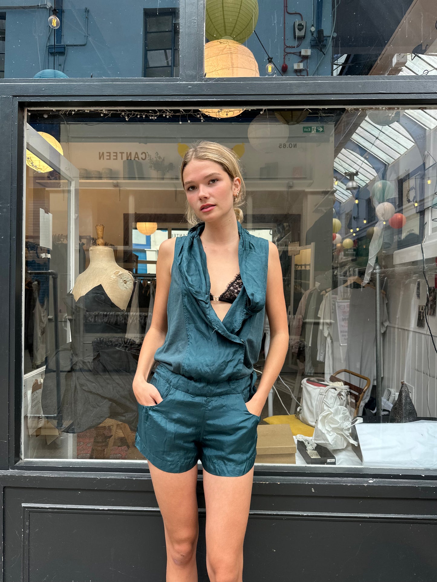 Dark green 100% silk playsuit