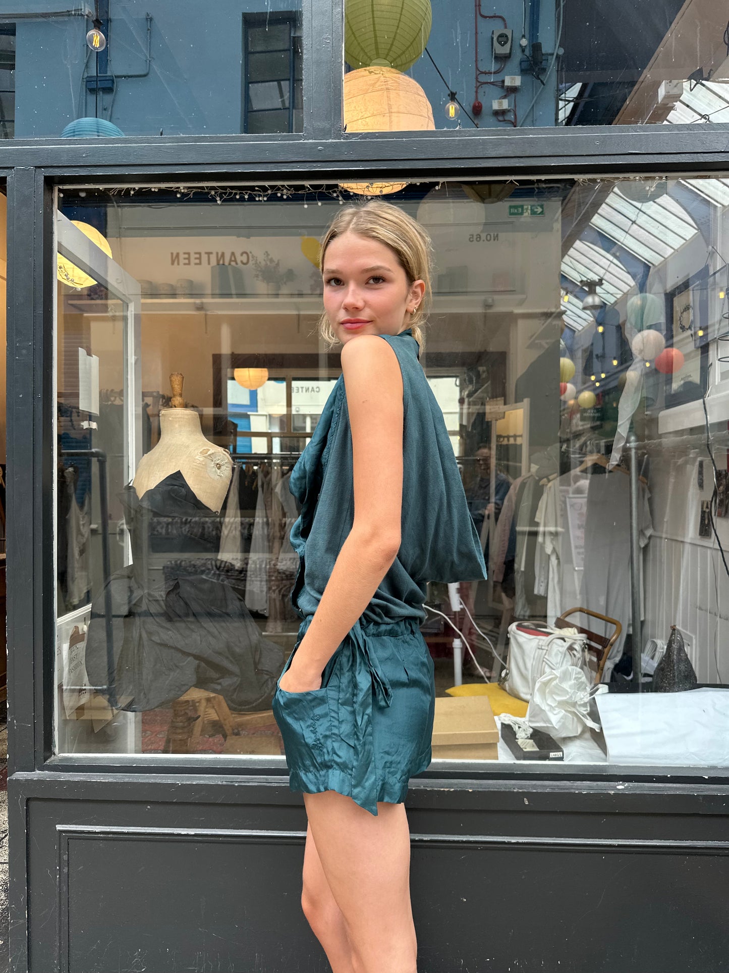 Dark green 100% silk playsuit