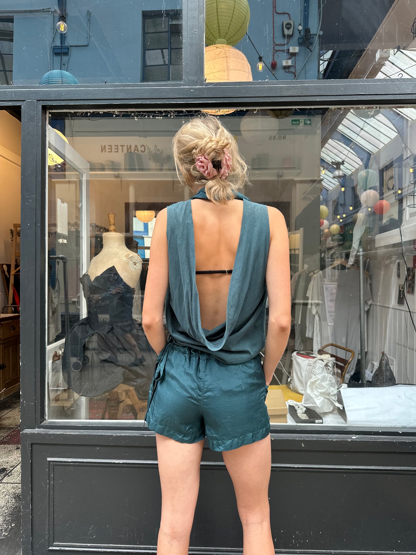 Dark green 100% silk playsuit
