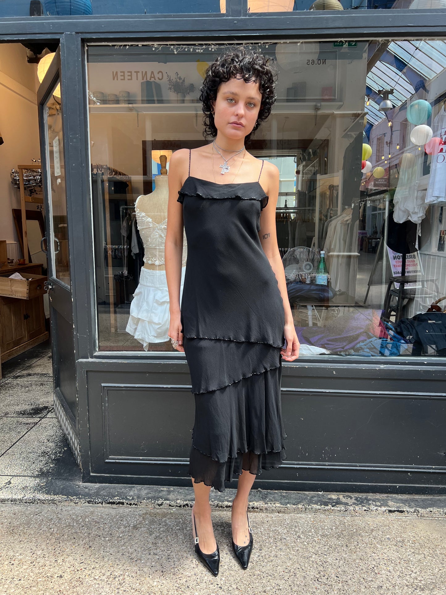 Black beaded silk slip dress