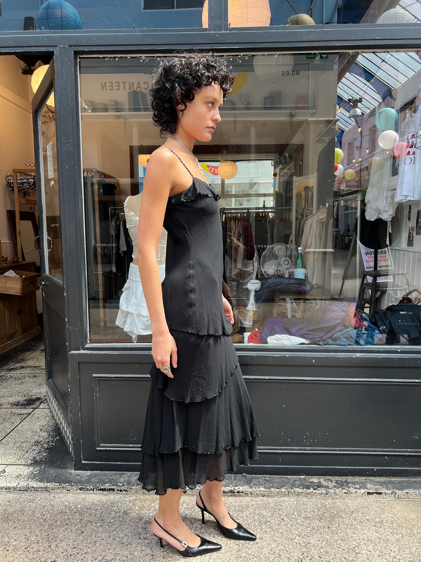 Black beaded silk slip dress