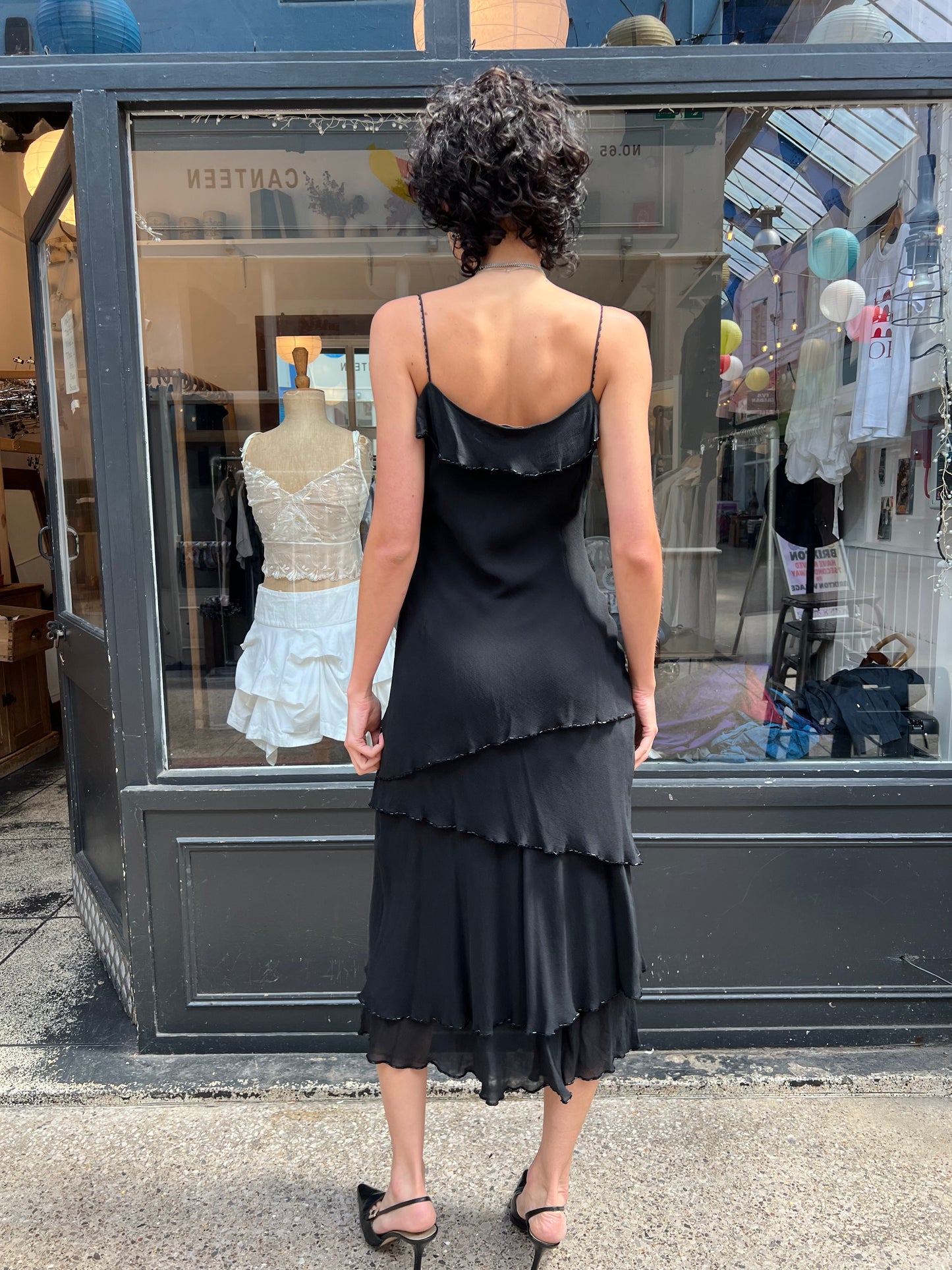 Black beaded silk slip dress